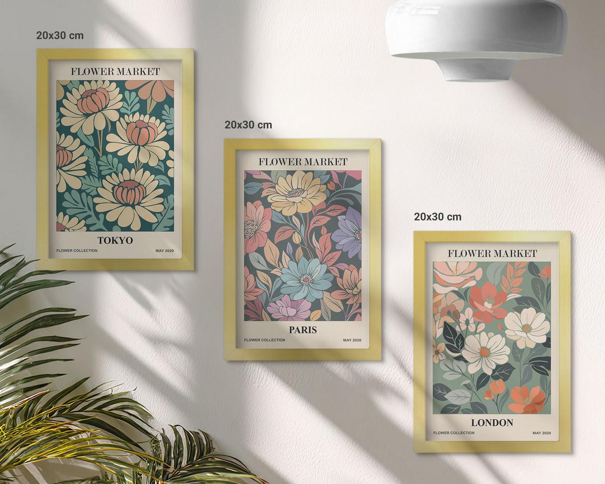 BILDER SET 3er Set - 20x30 cm Goldrahmen - Blumenposter Tokio Paris London - Goldfarben, Kunststoff (20/30cm) - TULUP