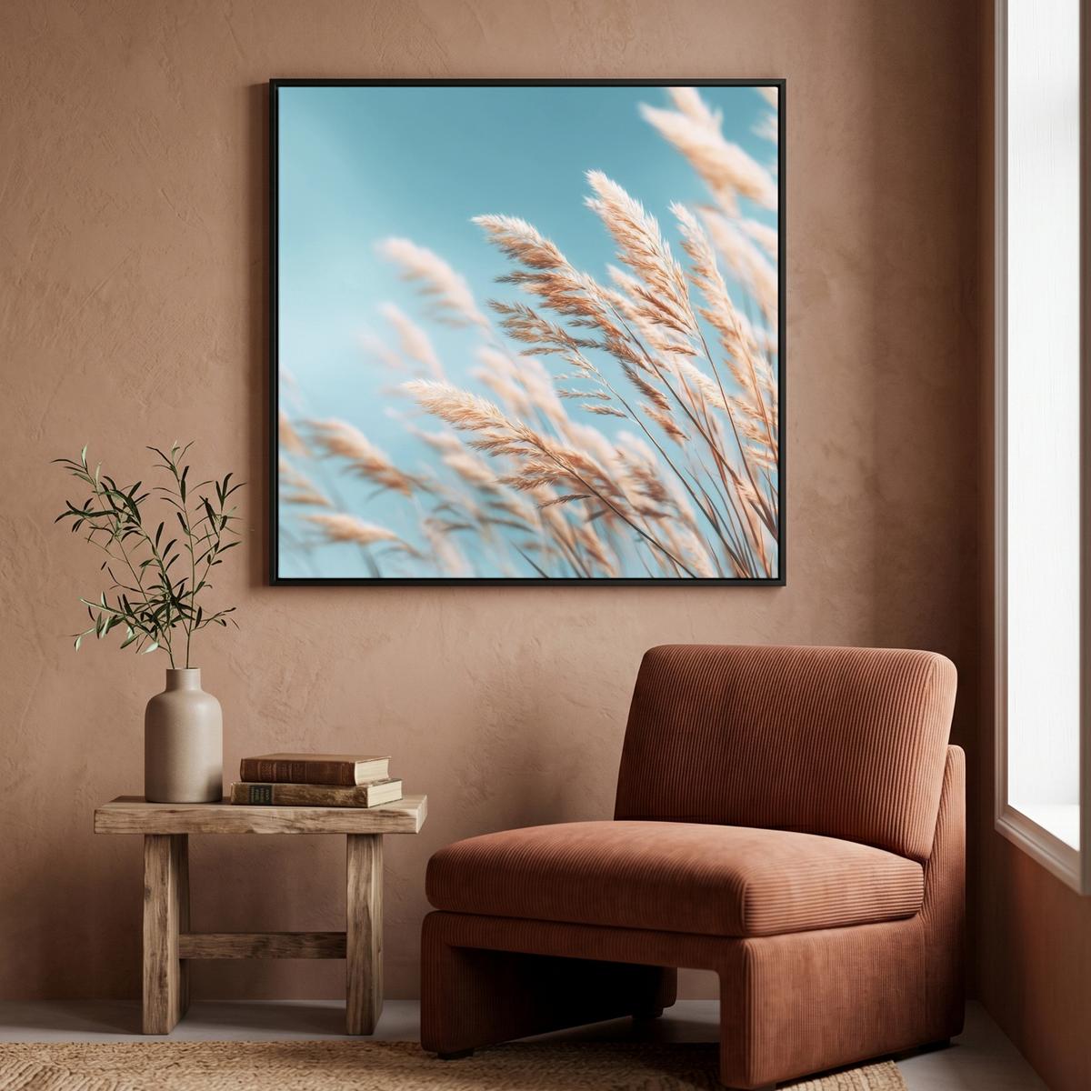 LEINWAND Bilder mit Rahmen - Ziergras - Wind - Hellbraun - 90x90 - Hellblau, Textil (90/90cm) - MuchoWow