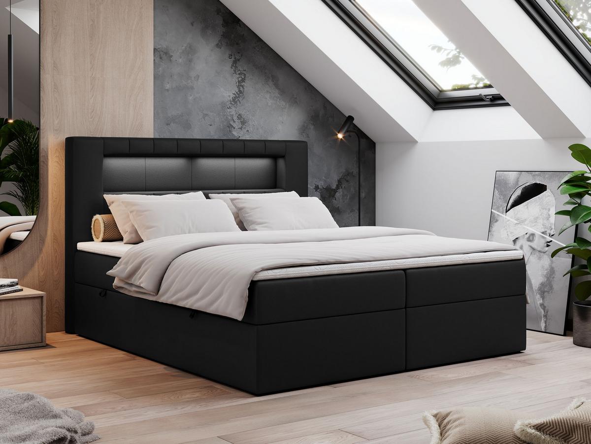 BOXBETT GOLD-5 LED 160/200 Schwarz Kunstleder - H3 - Schwarz, Holz/Textil (160/200cm) - MKS