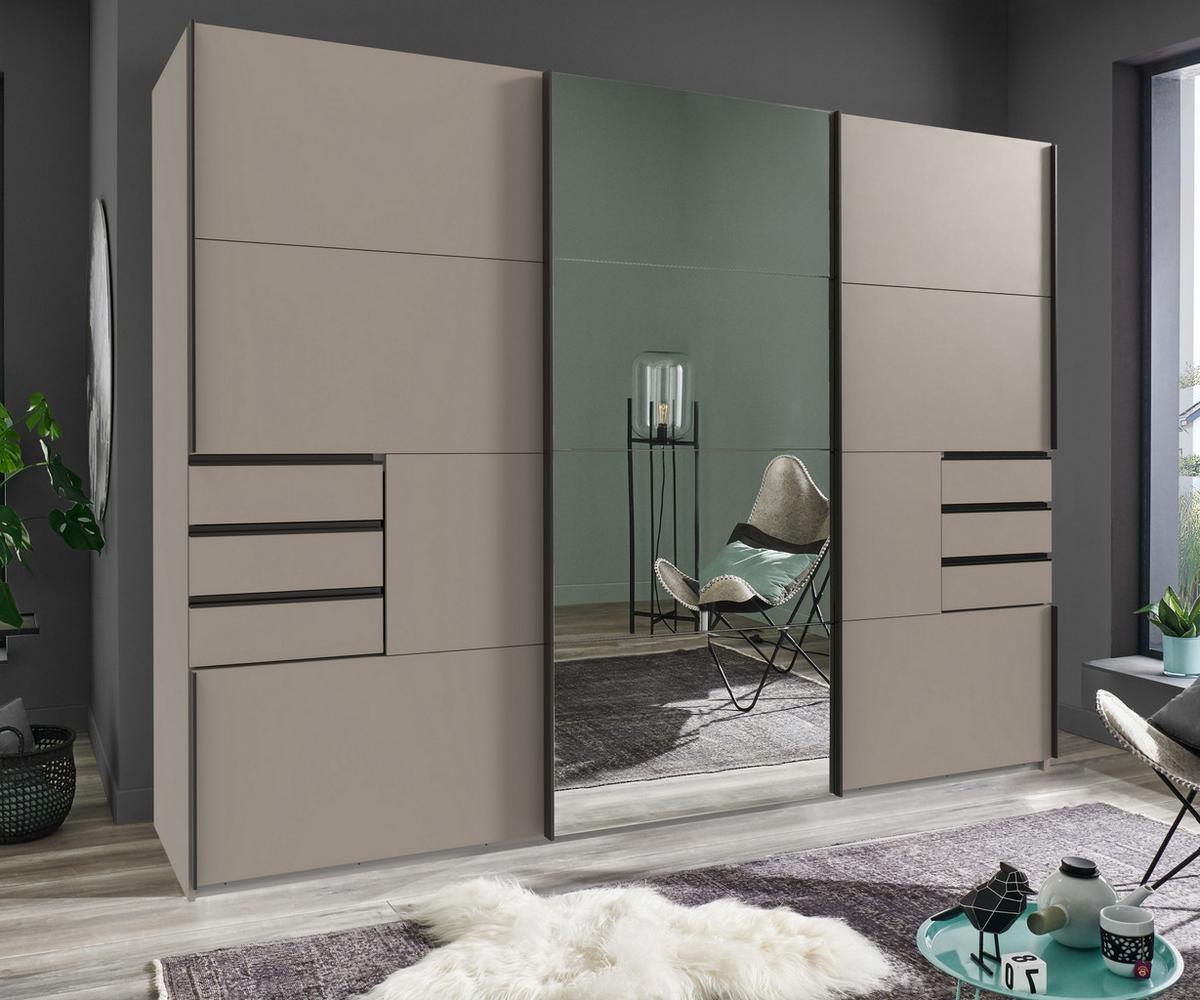 SCHWEBETÜRENSCHRANK 3-türig B270/H208/64 cm, Sandgrau, eine Spiegeltür, Kleiderschrank mit Schubladen & Vollausstattung / 22615 - Sandfarben/Anthrazit, Holzwerkstoff/Metall (270/208/64cm) - luma-home