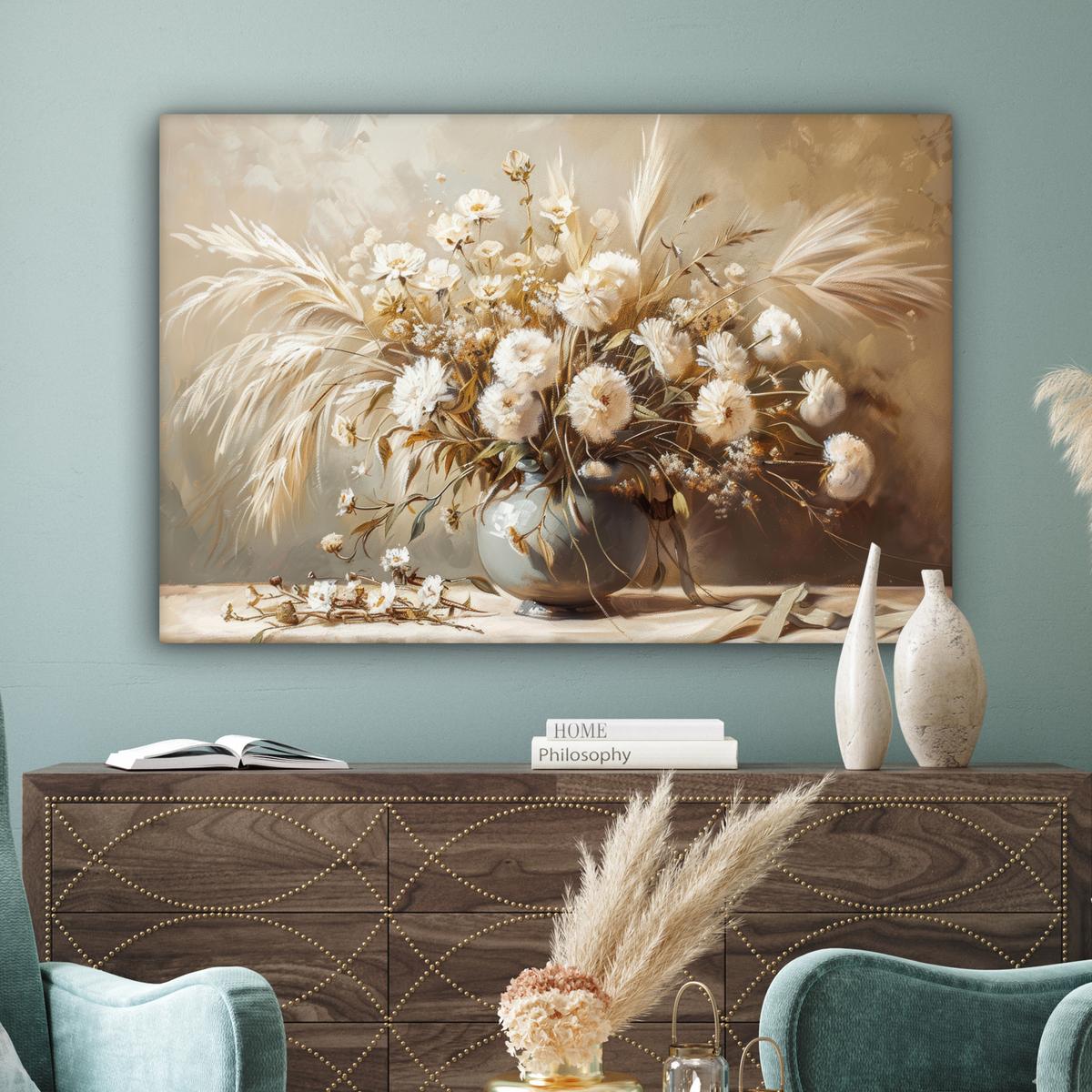 LEINWANDBILD Blumen - Vase - Stilleben - Beige Wohnzimmer Groß 120x80 cm - Creme, Textil (120/80cm) - MuchoWow