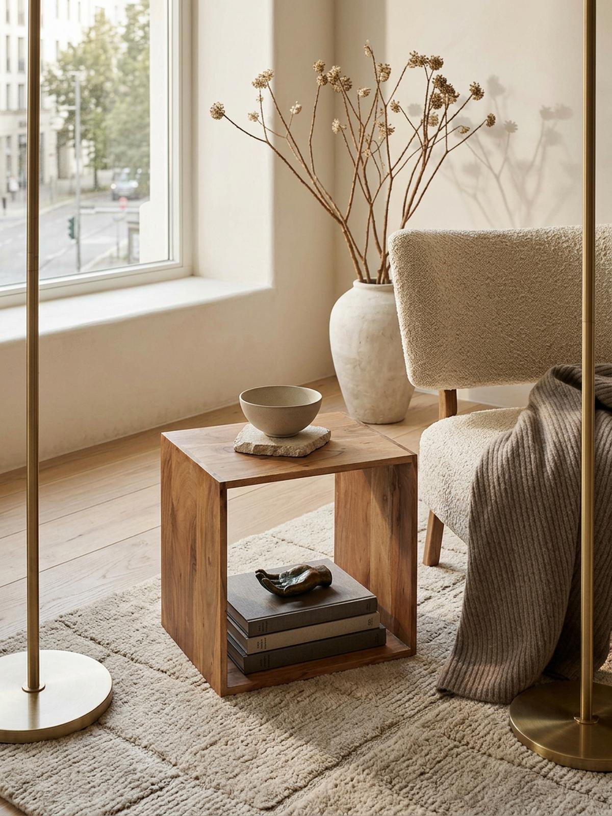 BEISTELLTISCH Massivholz Regalform Cube NAKO, Beige 43x33x43 cm - Beige, Holz (33/43/43cm) - KADIMA DESIGN