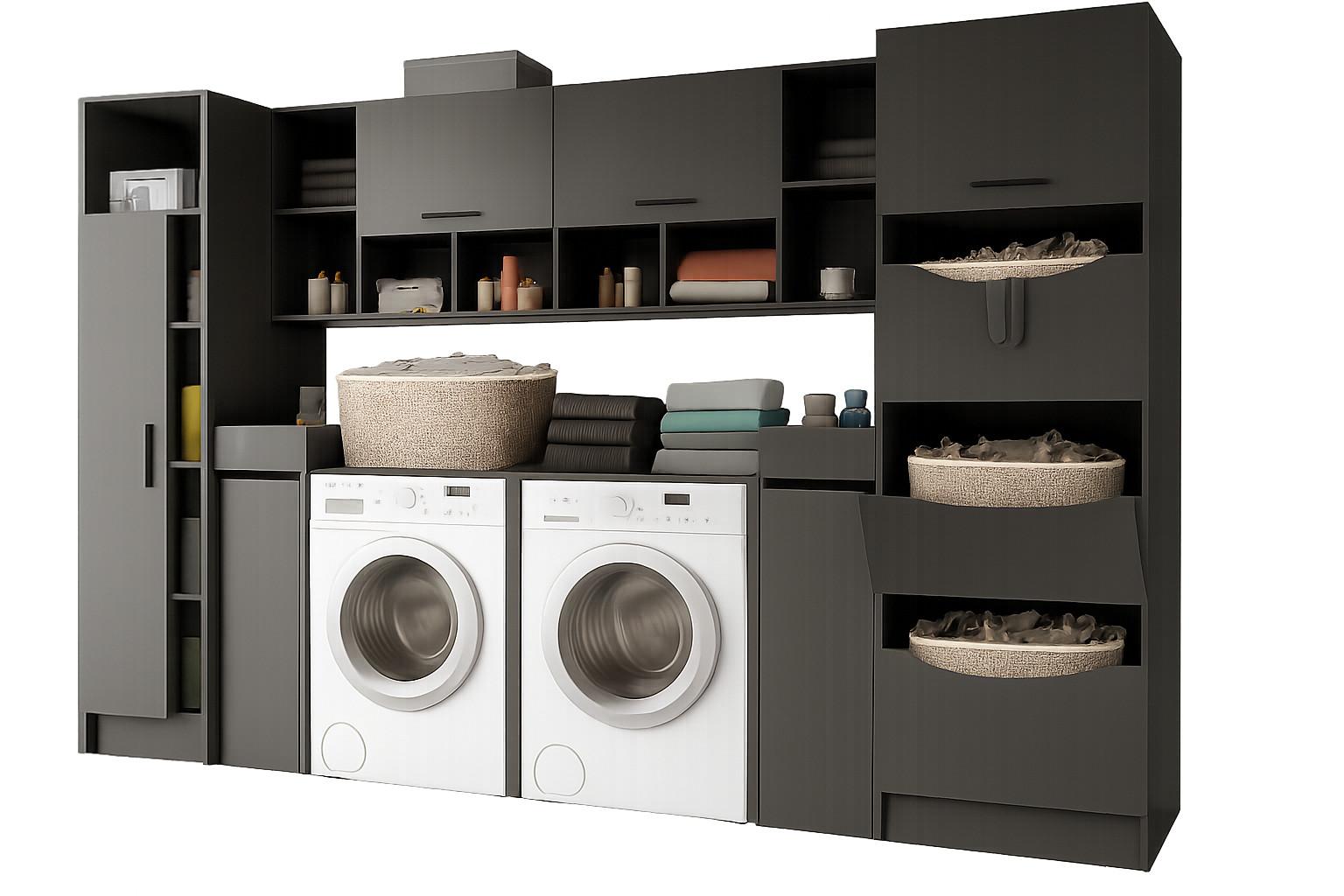 WASCHMASCHINENSCHRANK grau Set 8-teilig 300 x 196 cm, XXXL mit viel Stauraum - Schwarz/Grau, Holzwerkstoff/Kunststoff (300/196/68cm) - Inn.Furn