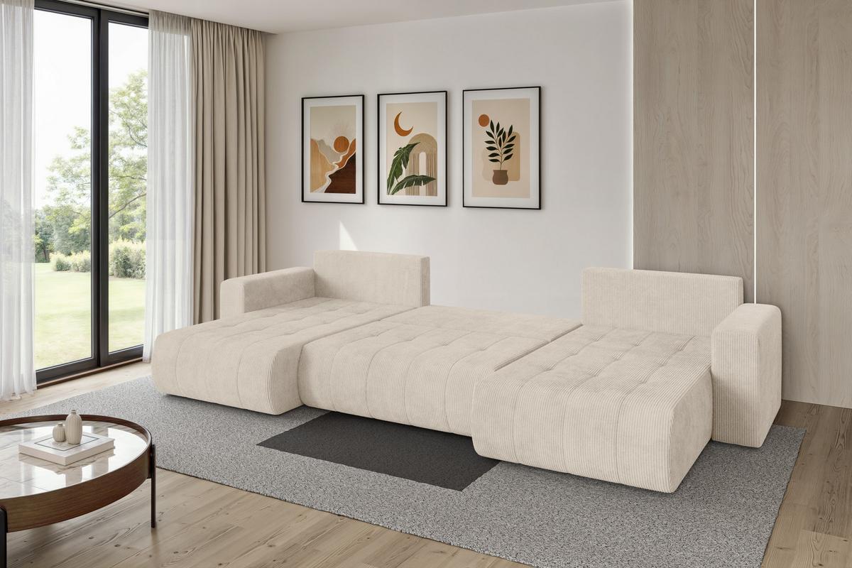 WOHNLANDSCHAFT mit Schlaffunktion und Bettkasten MILA-U 378x194x86 Beige Cord - Beige/Schwarz, Holzwerkstoff/Kunststoff (378/86/194cm) - ALTDECOR