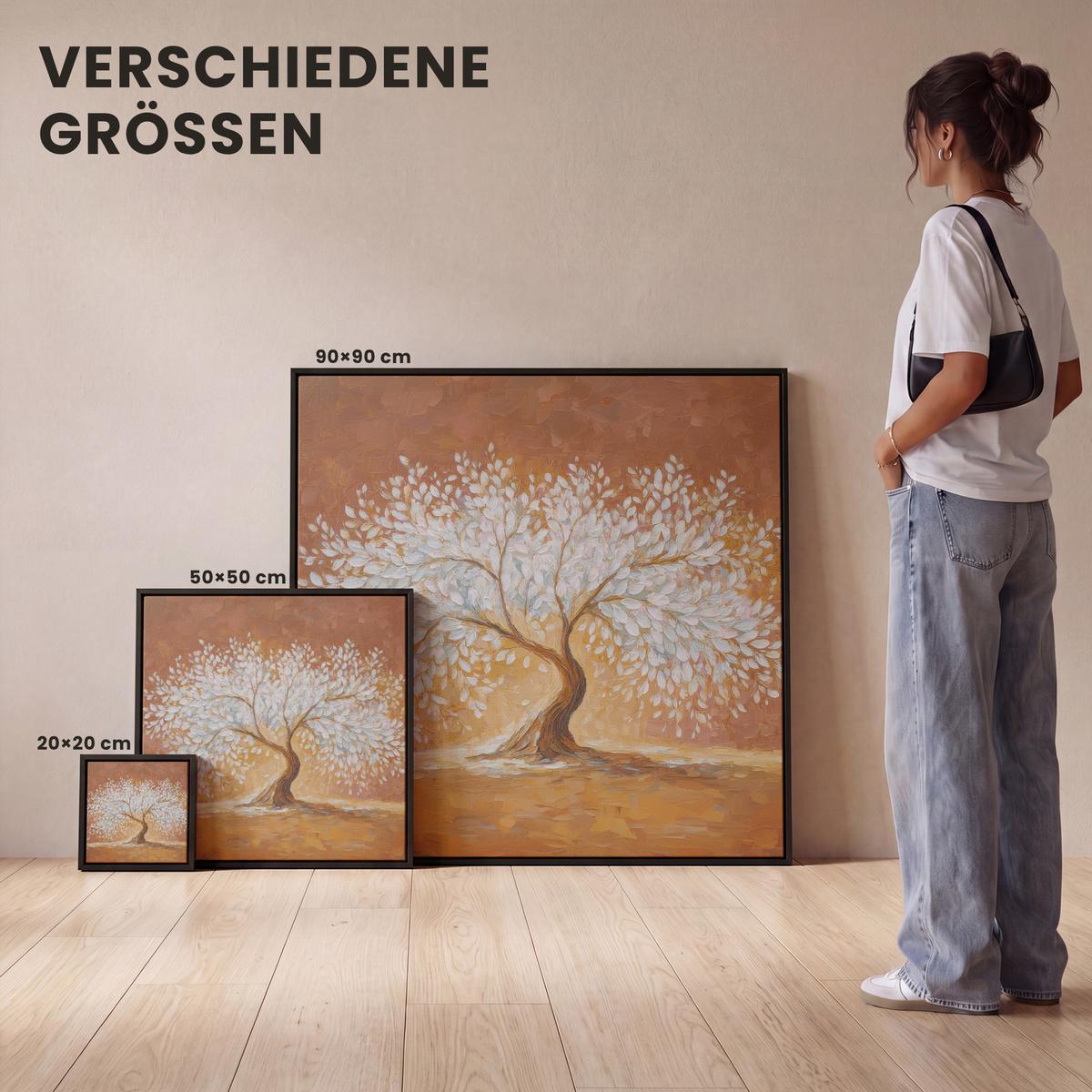 LEINWAND Bilder mit Rahmen - Abstrakt - Baum - Weiß - Blätter - 90x90 - Braun, Textil (90/90cm) - MuchoWow