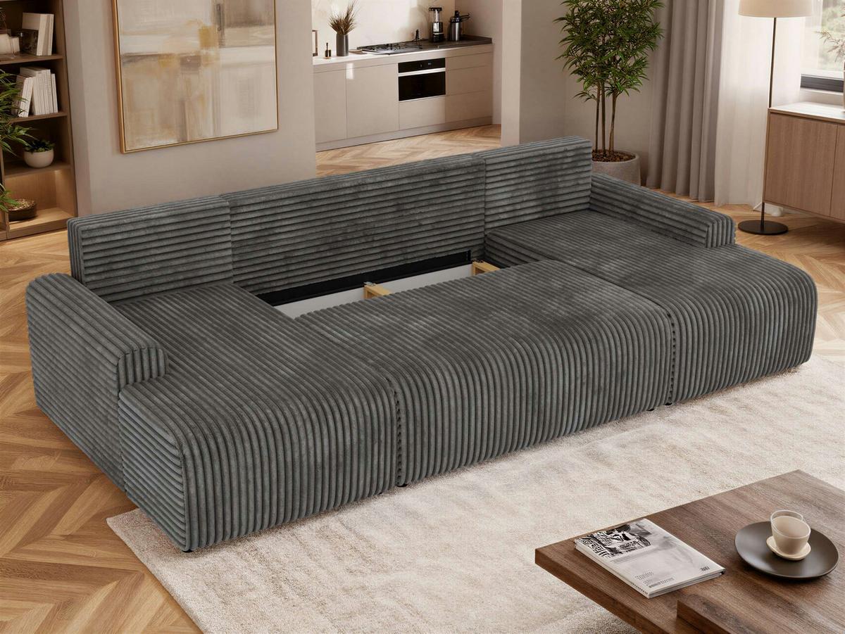 WOHNLANDSCHAFT NESSARO U Grau Cord - Schwarz/Grau, Kunststoff/Textil (312/92/151cm) - MKS