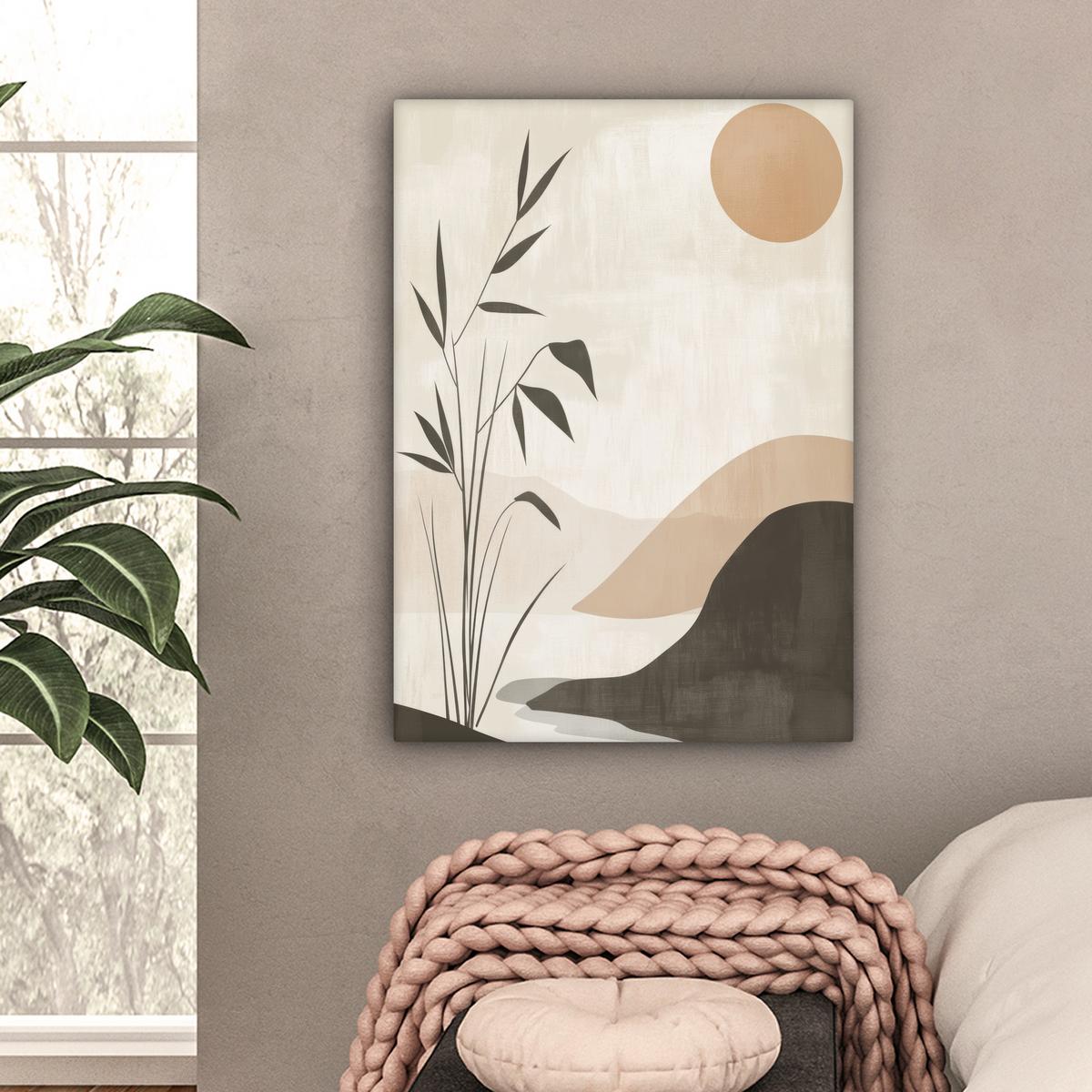 LEINWANDBILD Japandi - Landschaft - Beige Wandbild Wohnzimmer 60x80 cm - Cognac, Textil (60/80cm) - MuchoWow