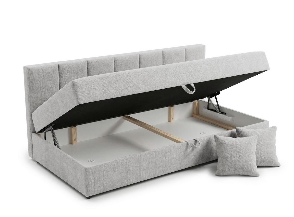 TAGESBETT Lenny mit Rückenlehne und großem Bettkasten aus Hellgrau Chenille-Stoff - Hellgrau/Schwarz, Holz/Kunststoff (90/200cm) - S-Style Möbel