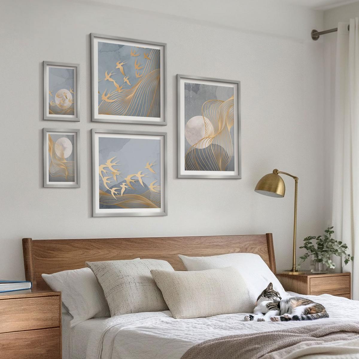 BILDER SET 5er Set - 50x50 cm & 20x30 cm & 40x60 cm Silberner Rahmen - Abstrakte Wellenkreise, grau - Silberfarben, Kunststoff (40/60cm) - TULUP