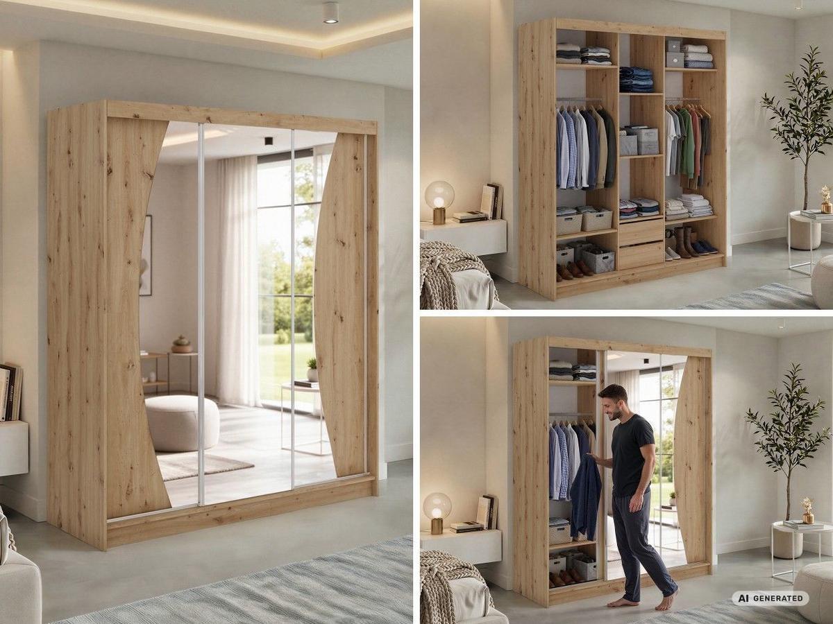 SCHWEBETÜRENSCHRANK mit Schubladen 180 - VERONA - Eiche Artisan mit Spiegel - Alufarben/Eiche Artisan, Holzwerkstoff/Metall (180/216/61cm) - MKS