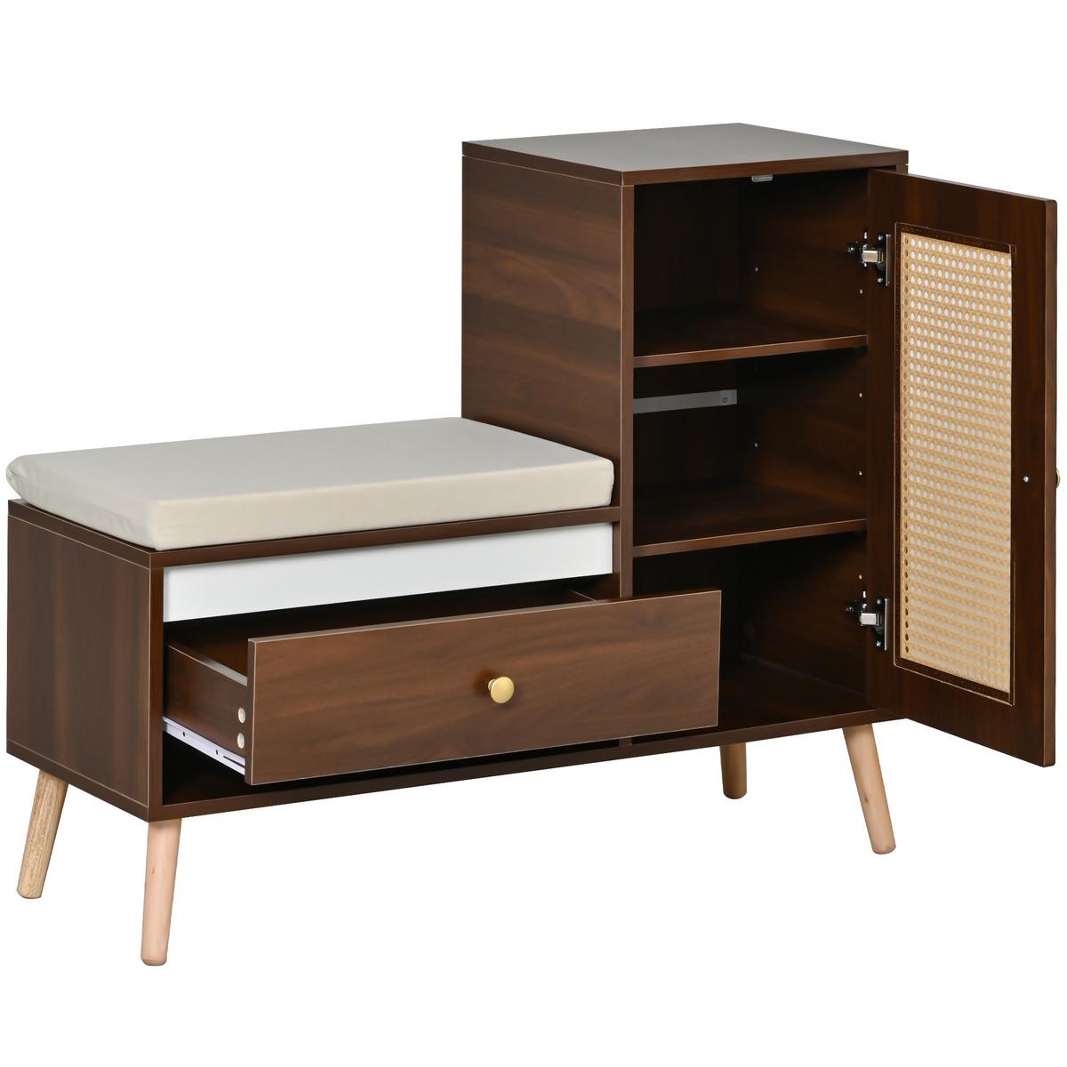 SCHUHSCHRANK in Holz-Optik – Schuhschrank mit Rattan-Tür & Sitzkissen - Walnussfarben, Holzwerkstoff (95.5/80.5/35cm) - Urban Meuble