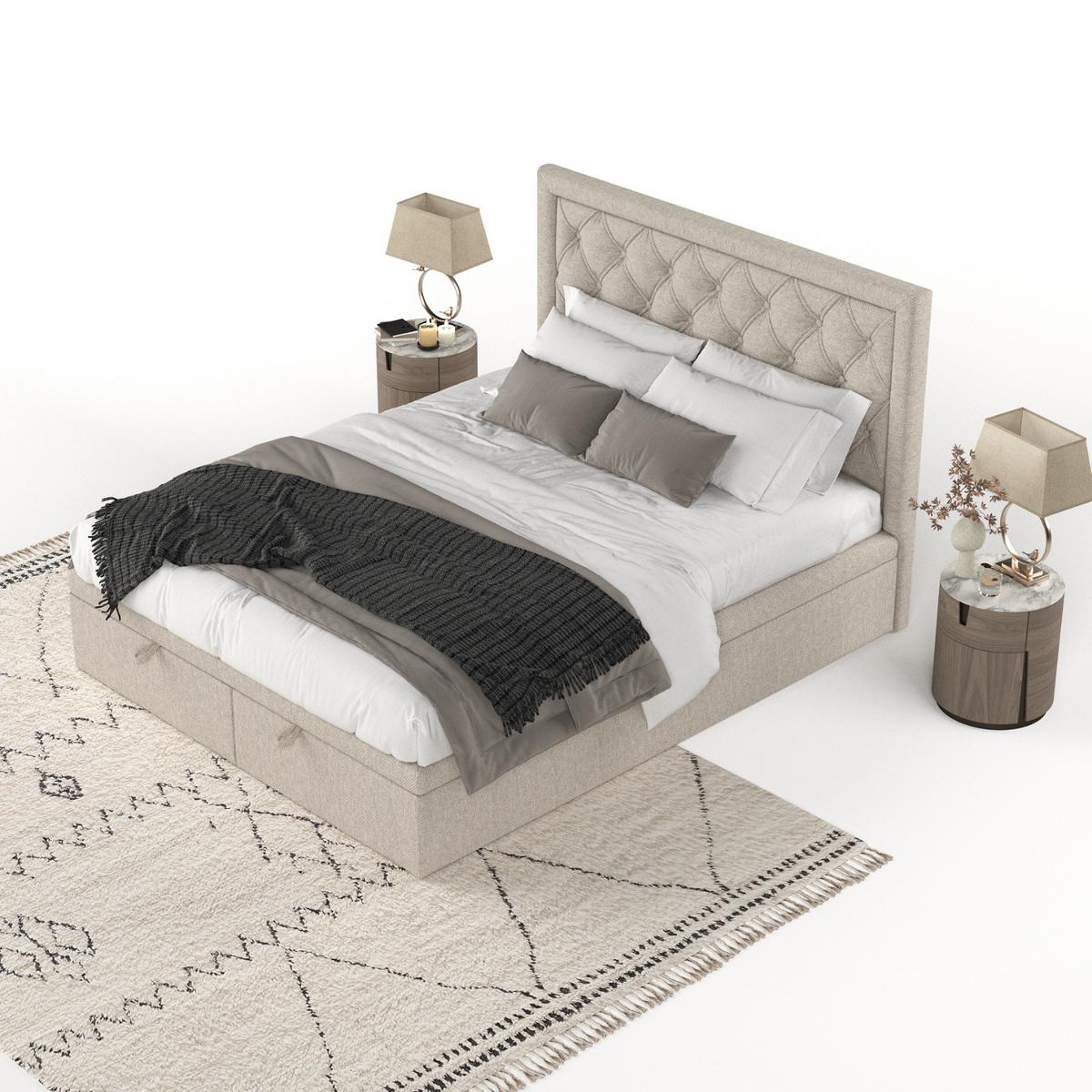 POLSTERBETT Nicobar mit Stauraum 140/200 cm Hellbeige im Megan Stoff - Sandfarben/Schwarz, Holz/Holzwerkstoff (140/200cm) - AltaBeds