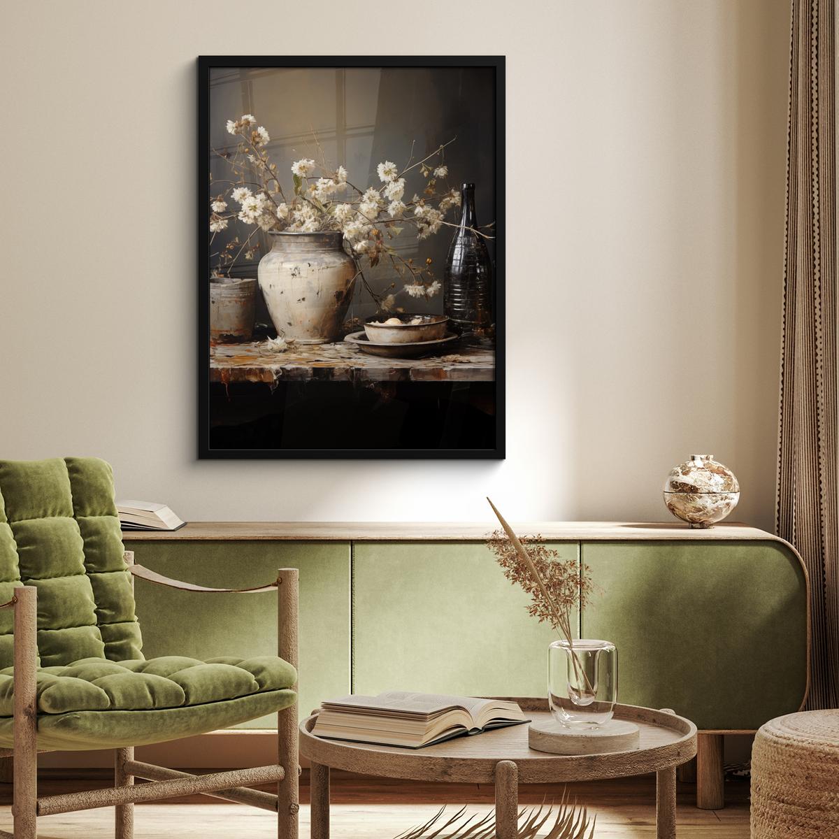 POSTER MIT RAHMEN Stilleben - Blumen - Blumenstrauß - Vase - Wein Posterleiste 60x80 cm - Schwarz, Papier (60/80cm) - MuchoWow