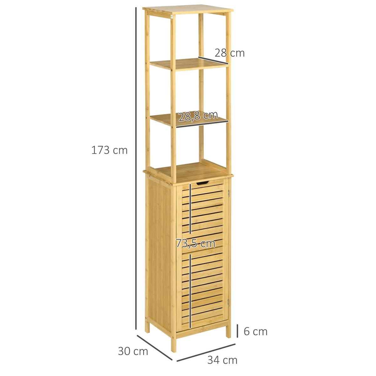 HOCHSCHRANK mit 3 offenen Fächer und 1 Schrank, kleine Räume, Natur - Naturfarben, Holz/Bambusholz (30/173/34cm) - Kleankin