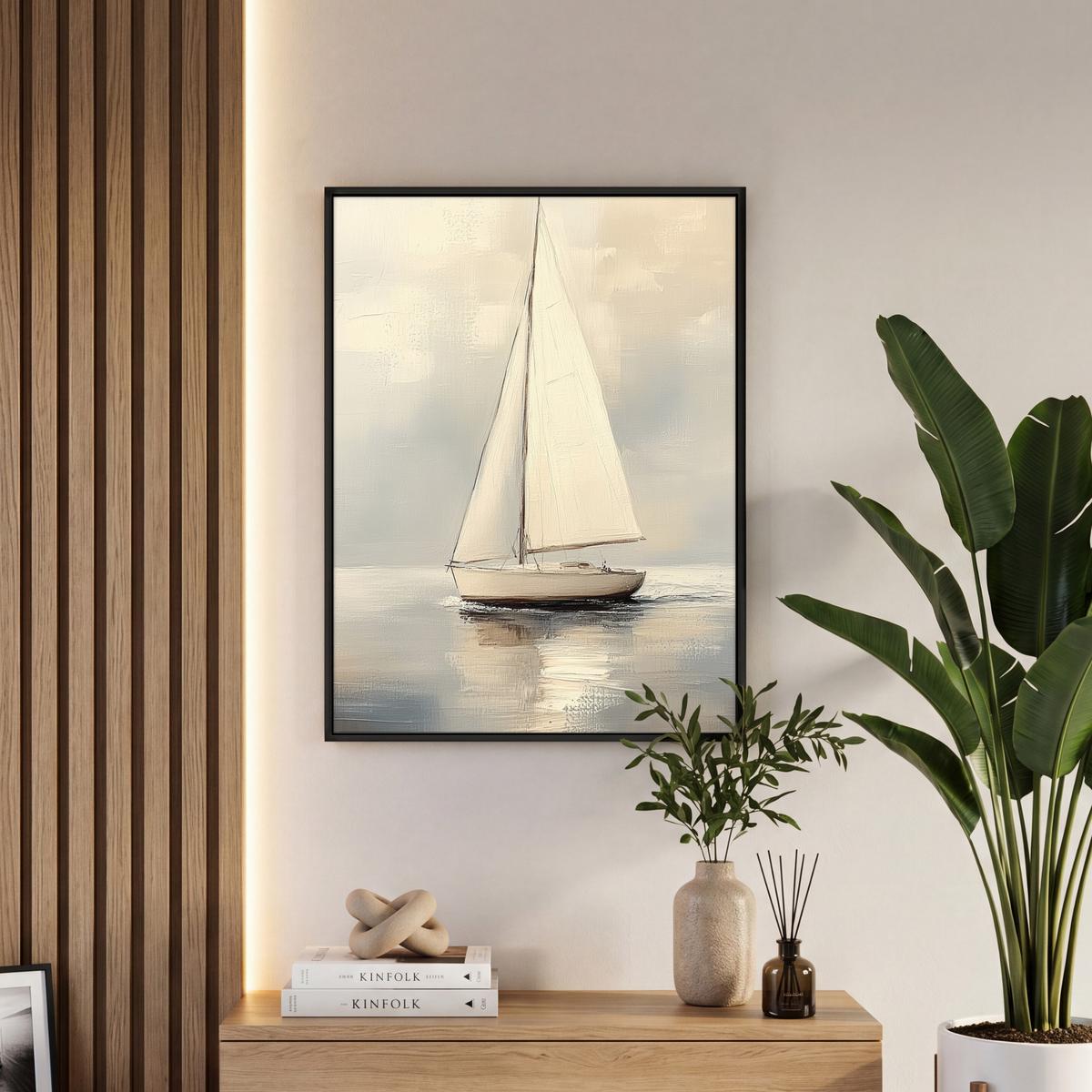 LEINWAND Bilder mit Rahmen - Segelschiff - Meer - Bewölkt - 60x80 - Creme, Textil (60/80cm) - MuchoWow