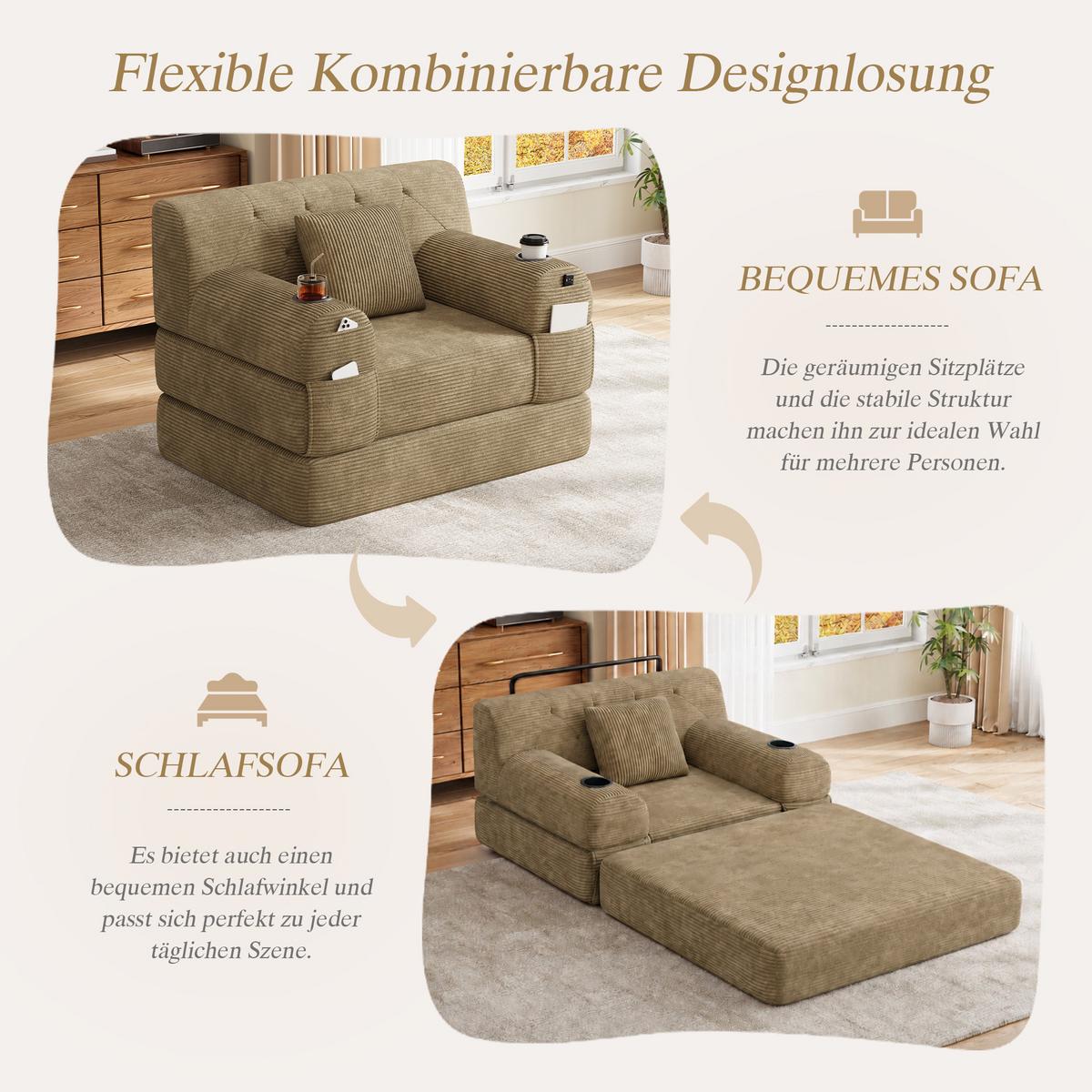 SCHLAFSOFA Cord mit Schlaffunktion, Getränkehalter & Taschen - Sandfarben, Textil (107/81/80cm) - Urban Meuble