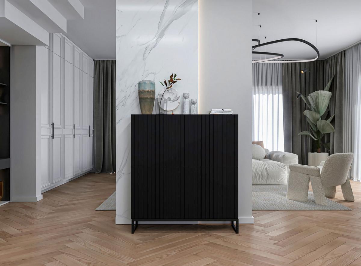 KOMMODE Elpis 4D Schwarz Matt mit metallrahmen Glamour 112 cm - Schwarz, Holzwerkstoff/Metall (112/126/36.5cm) - Meble Lindner
