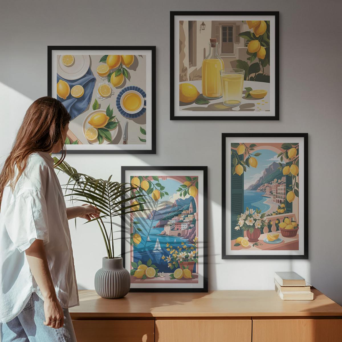 BILDER SET 4er Set - 50x50 cm & 40x60 cm Schwarzer Rahmen - Meerblick, italienische Zitronen - Schwarz, Kunststoff (50/50cm) - TULUP