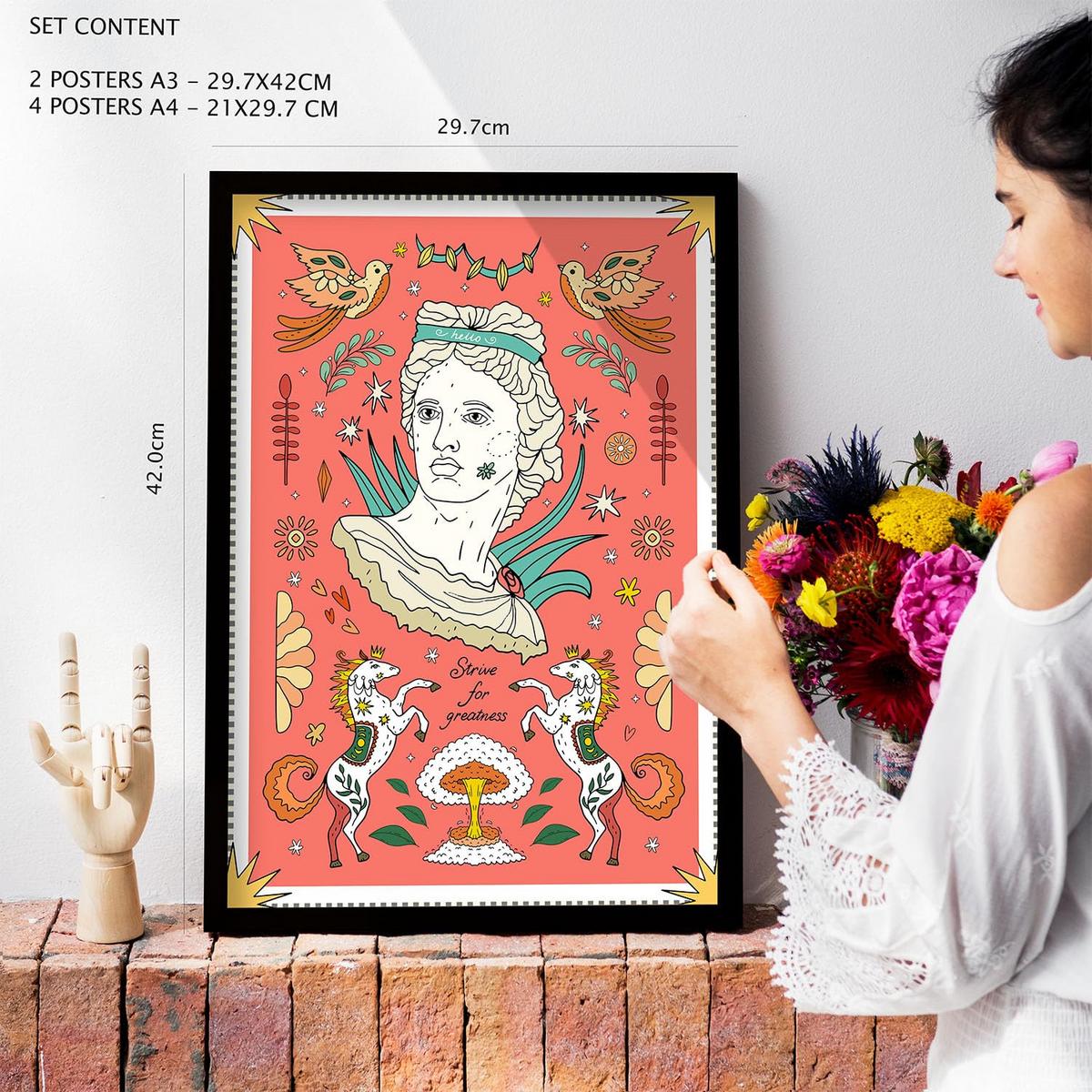 POSTER Set Mit 6 Drucken Von Pink In Brilliant Groovy Style Postersammlung Dekorative Rahmen Für Zuhause Wandkunstdruck A3 & A4 Rahmen Aus Hellem Holz - Beige, Papier (29/3cm) - Nacnic