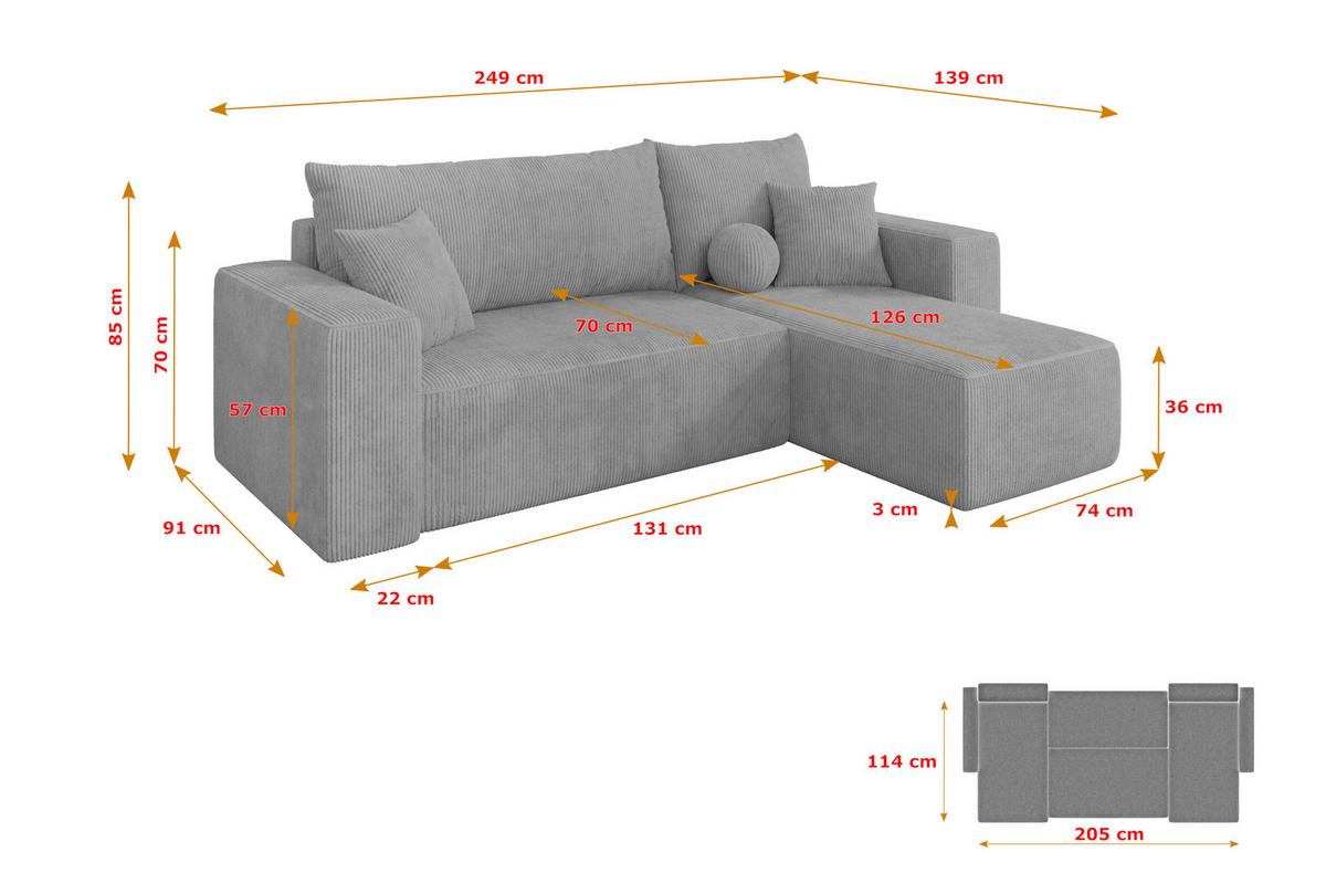 ECKSOFA mit Schlaffunktion Ottomane Rechts SENO-L 249x139x85 Grau Cord - Schwarz/Grau, Holzwerkstoff/Kunststoff (249/139cm) - ALTDECOR