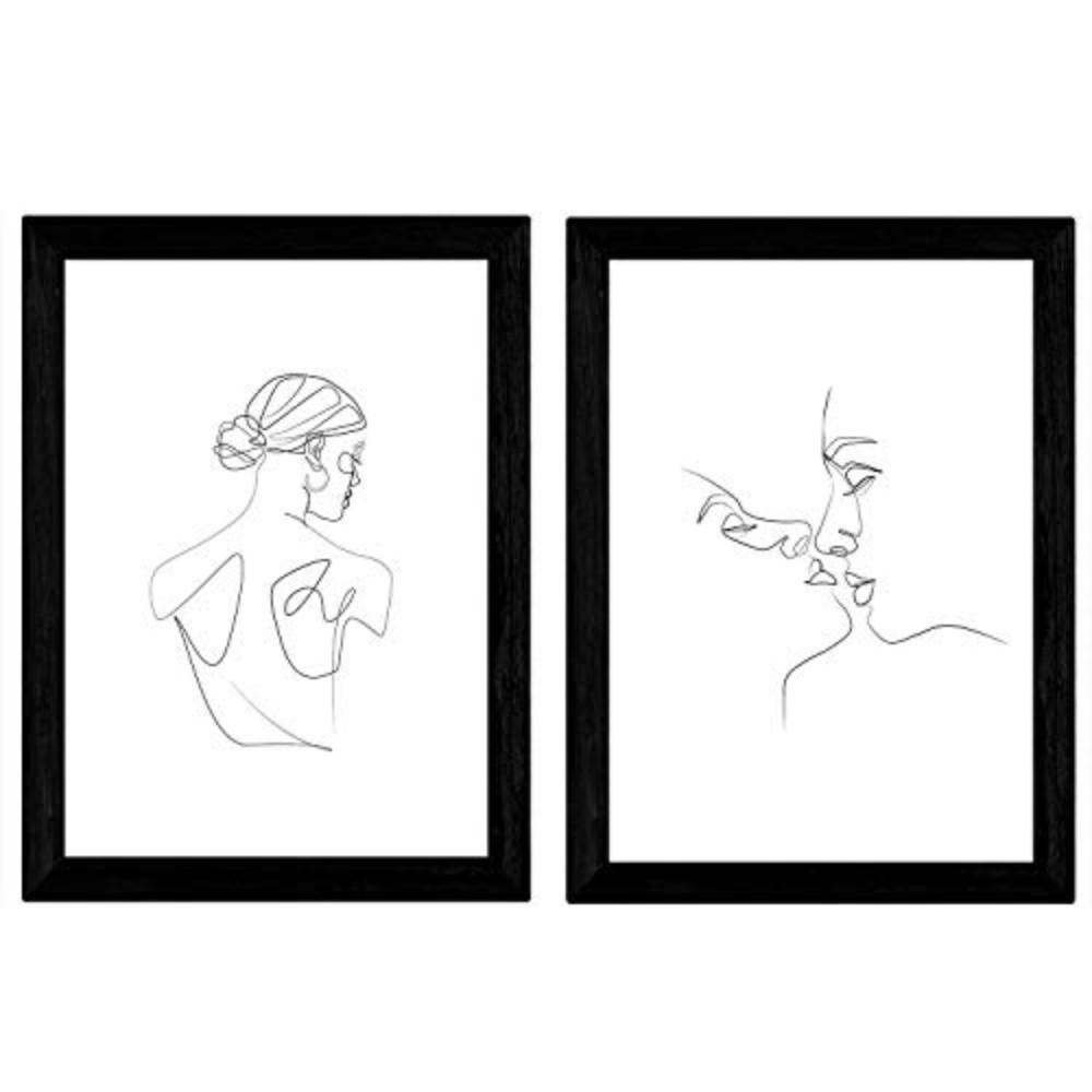 POSTER Set Mit 2 Single-Line Kuss Fraurücken A3 Schwarzer Rahmen - Schwarz, Papier (29.7/5/42cm) - Nacnic