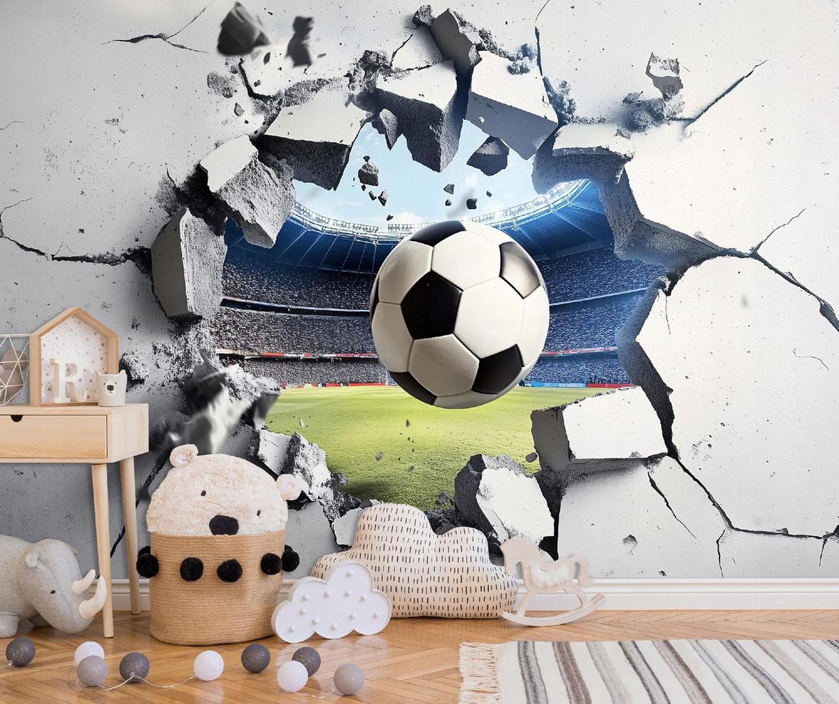 FOTOTAPETE Kinderzimmer Junge 3D Effekt Fußball 300x210 - Multicolor, Papier (300/210cm) - Wallarena