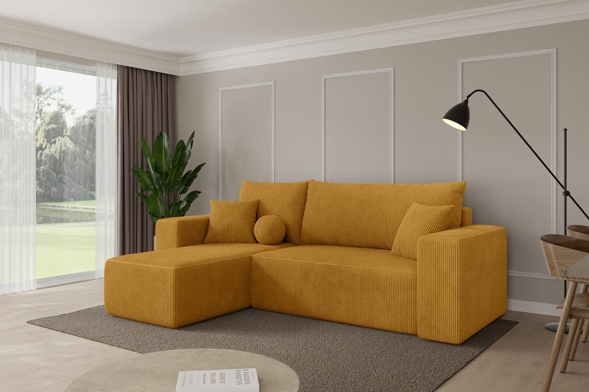 ECKSOFA mit Schlaffunktion Ottomane Links SENO-L 249x139x85 Senfgelb Cord - Dunkelgelb/Schwarz, Holzwerkstoff/Kunststoff (249/139cm) - ALTDECOR