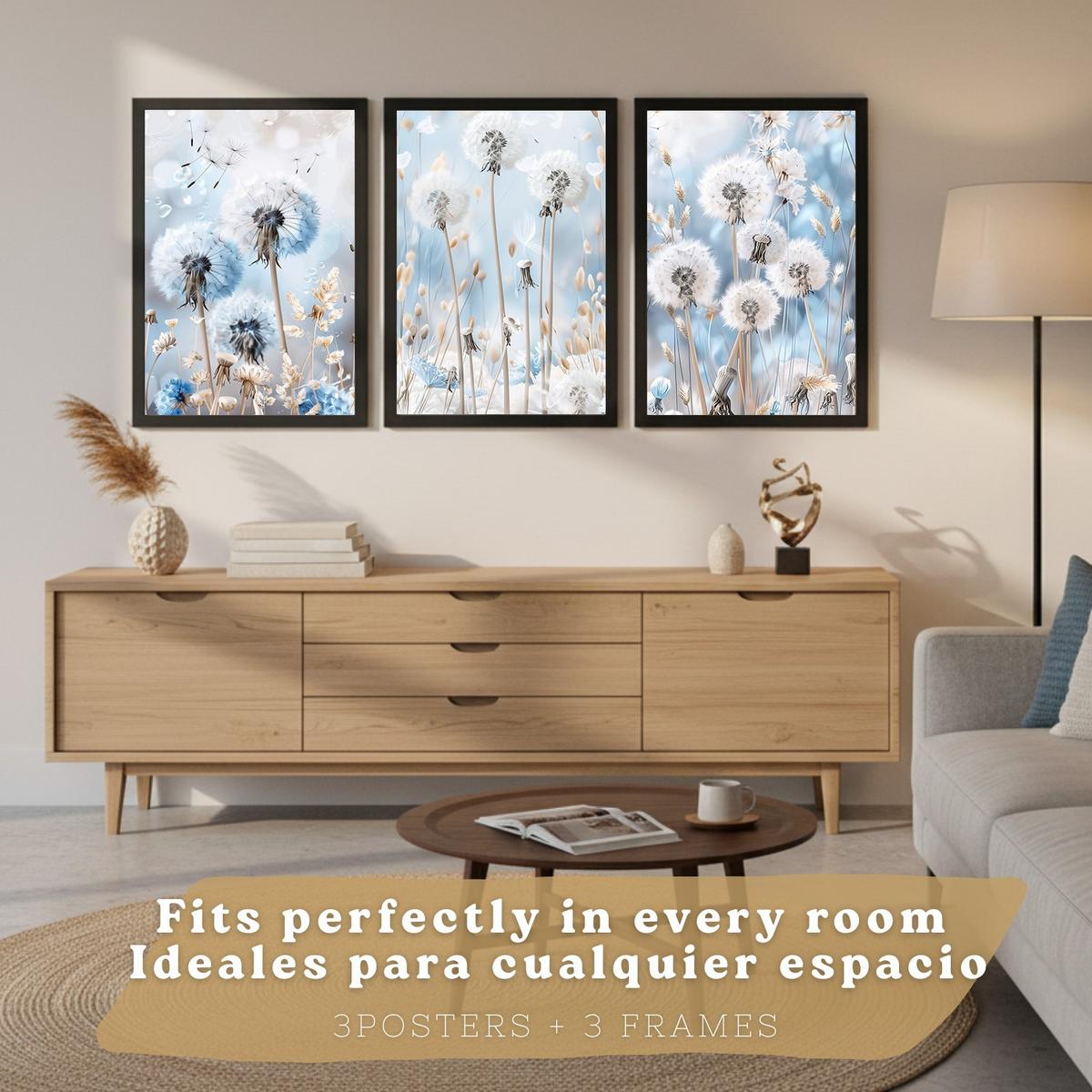 POSTER 3er Kunstdruck-Set Wandbilder Floral Blau modern Wohnzimmer Deko, Schlafzimmer, Küche, Badezimmer Schwarzer Rahmen A4 - Schwarz, Papier (29.7/1/21cm) - Nacnic