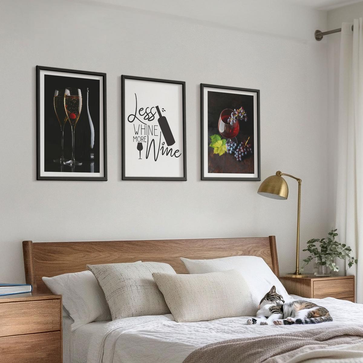 BILDER SET 3er Set - 40x60 cm Schwarzer Rahmen - Weingläser mit Trauben und Inschrift - Schwarz, Kunststoff (40/60cm) - TULUP