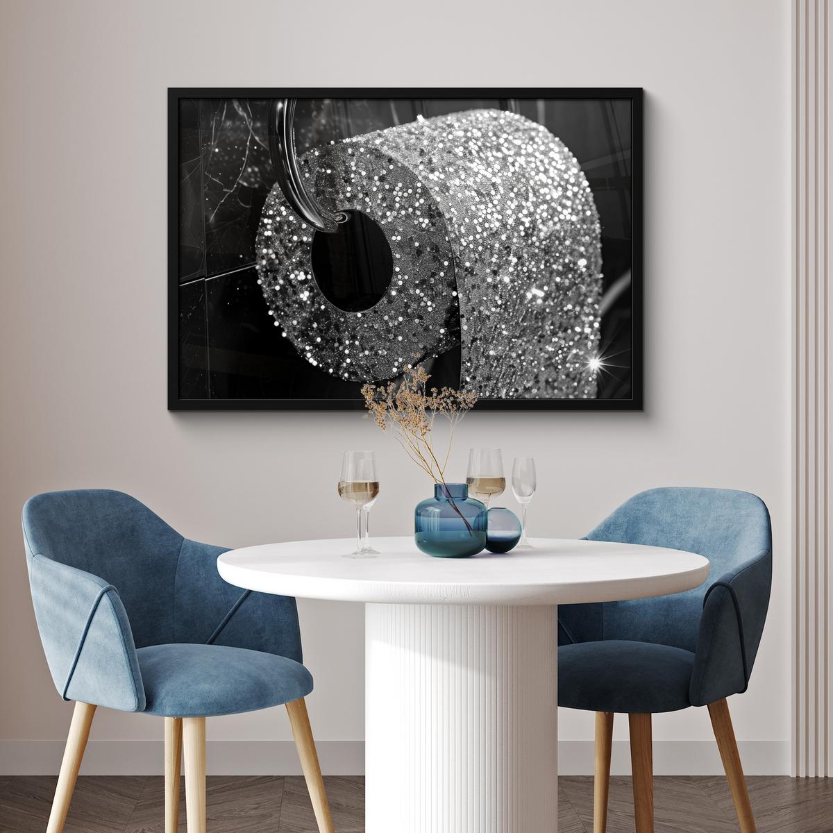 POSTER MIT RAHMENGERAHMTES BILD WC - Toilettenpapier - Schwarz und weiß - Glitter 90x60 cm - Silberfarben, Papier (90/60cm) - MuchoWow