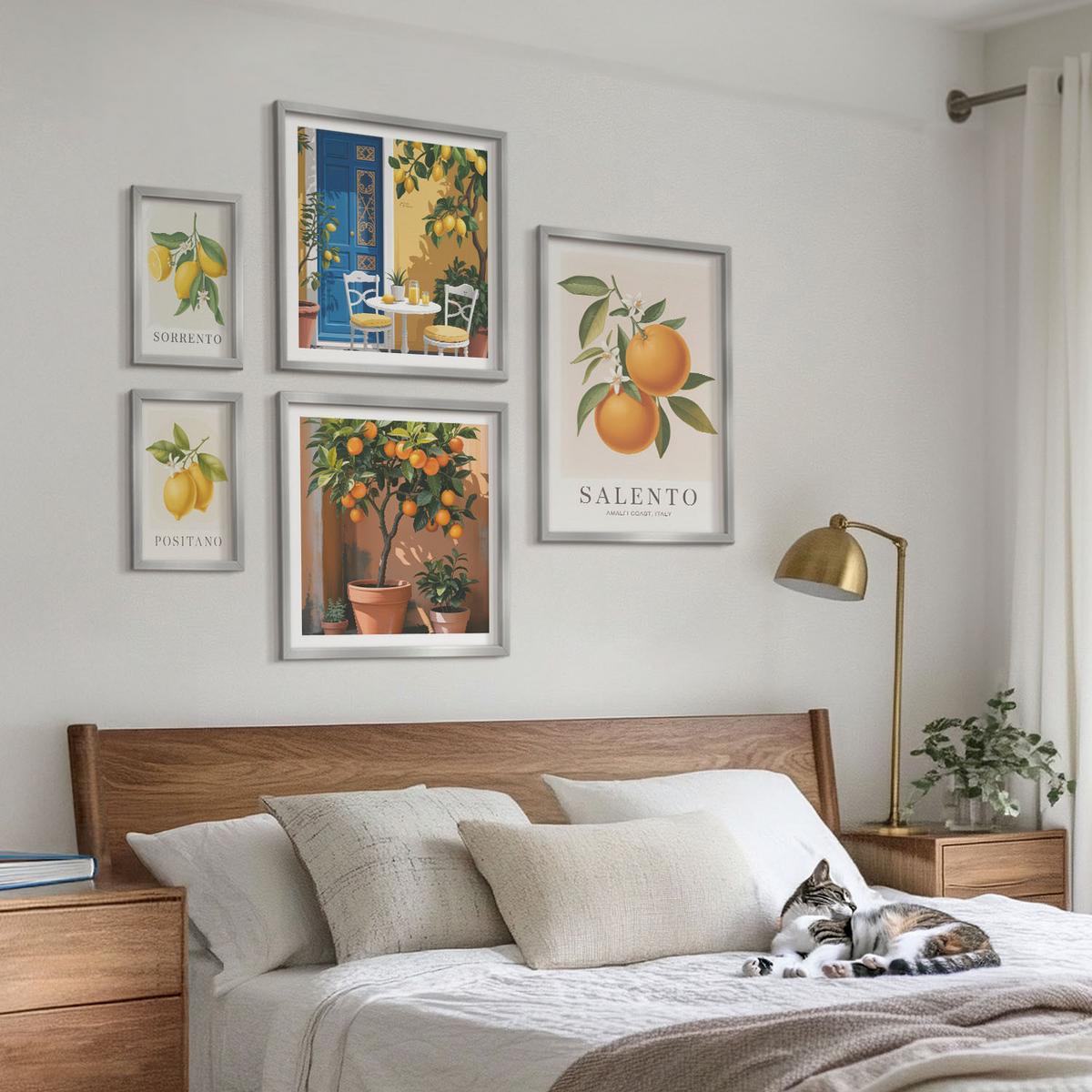 BILDER SET 5er Set - 50x50 cm & 20x30 cm & 40x60 cm Silberner Rahmen - Zitronenorange Blütenmuster - Silberfarben, Kunststoff (40/60cm) - TULUP
