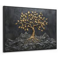 LEINWAND Bilder mit Rahmen - Blätter - Gold - Baum - Fels - 70x50 - Schwarz, Textil (70/50cm) - MuchoWow
