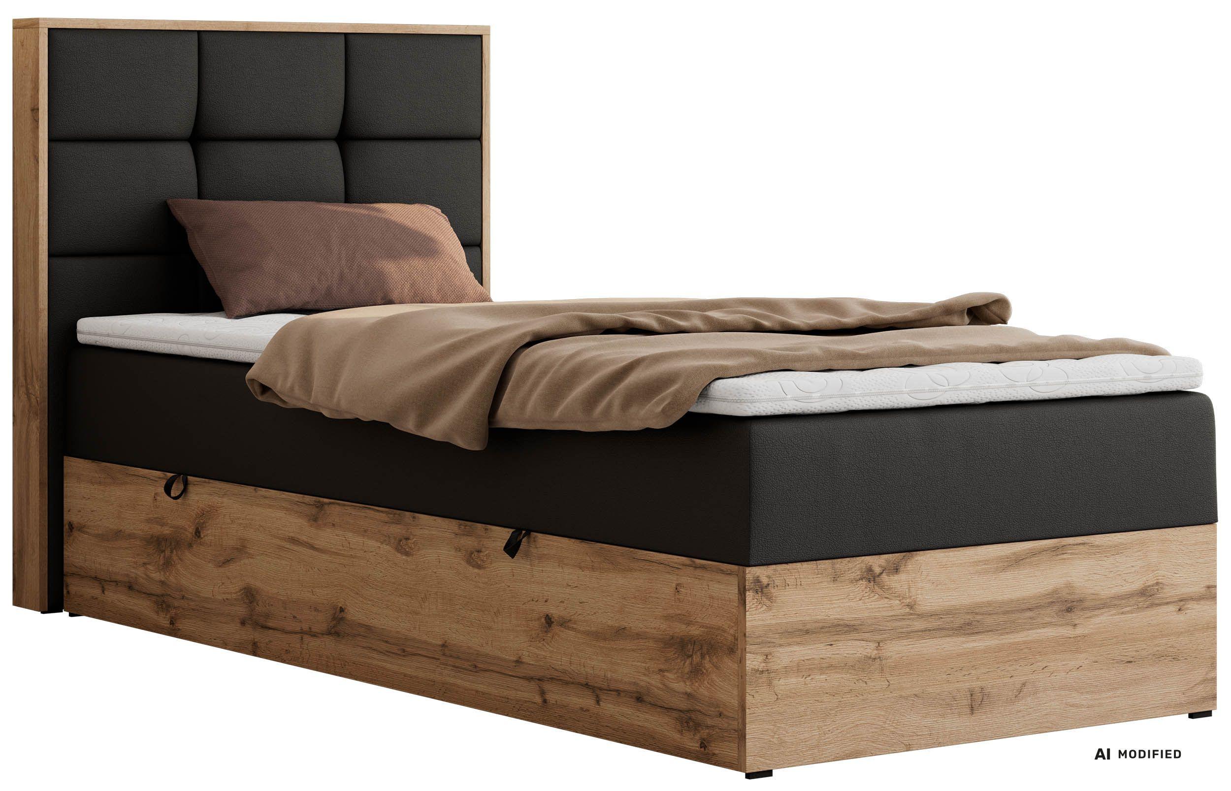 BOXBETT ALBERO 1 90/200 - Schwarz Kunstleder - Topper Visco - H3 - Links - Schwarz, Kunststoff/Textil (90/200cm) - MKS