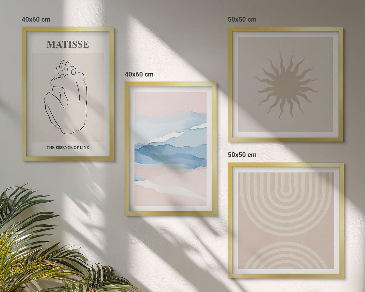 BILDER SET 4er Set - 50x50 cm & 40x60 cm Goldrahmen - Linien, Wellen, Pastellfarben, minimalistisch - Goldfarben, Kunststoff (50/50cm) - TULUP