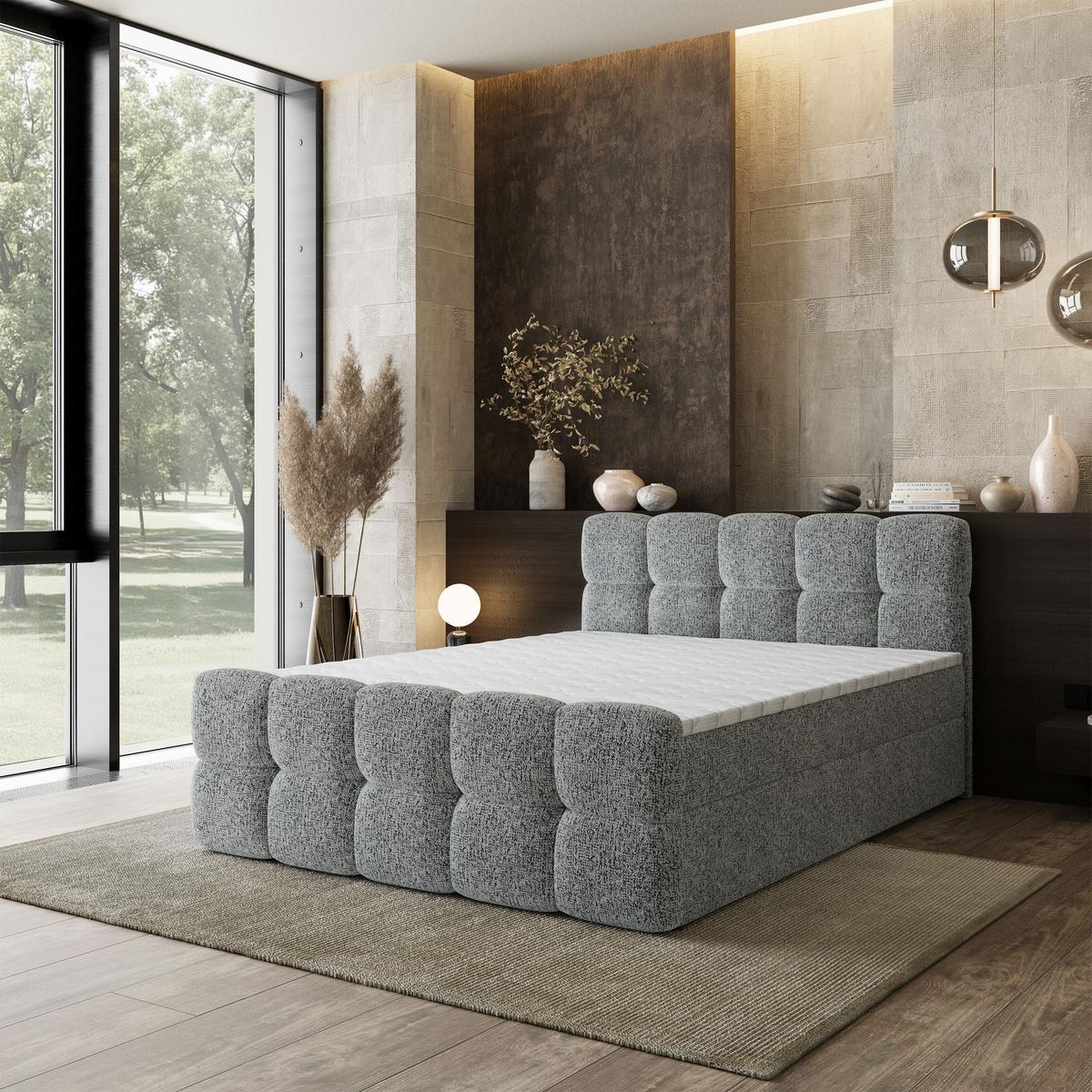 BOXBETT BRUME 160x200 cm mit Matratze und Topper, H2+H3 - Hellgrau - Hellgrau, Holz (160/200cm) - MASSENO