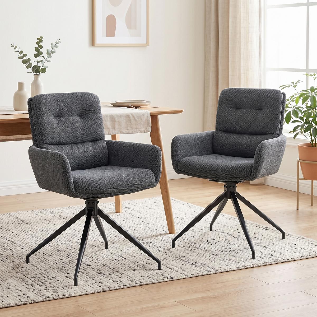 ESSZIMMERSTUHL 2er set stoff leinenoptik gepolstert drehbar metallgestell - Dunkelgrau, Textil (55/85/50cm) - Urban Meuble