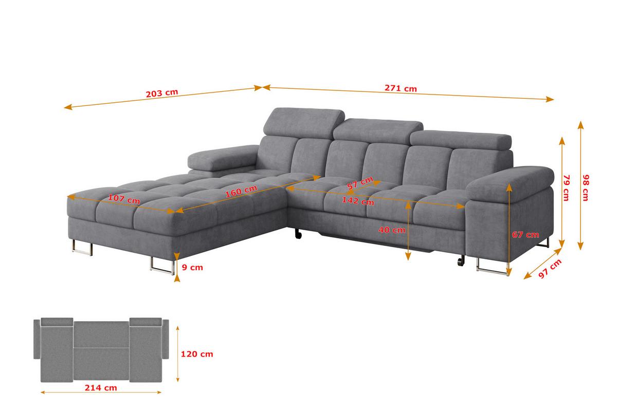 ECKSOFA mit Schlaffunktion Ottomane Links 271x203x79 Grau Velours - Grau, Holzwerkstoff/Textil (271/203cm) - ALTDECOR