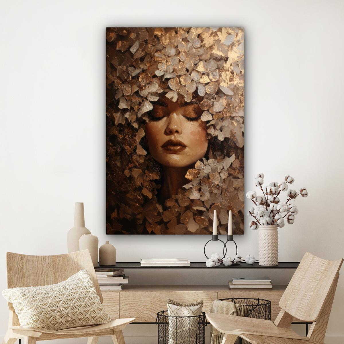 LEINWANDBILD Gesicht - Dame - Blätter - Pinselstriche Deko XXL 80x120 cm - Goldfarben, Textil (80/120cm) - MuchoWow