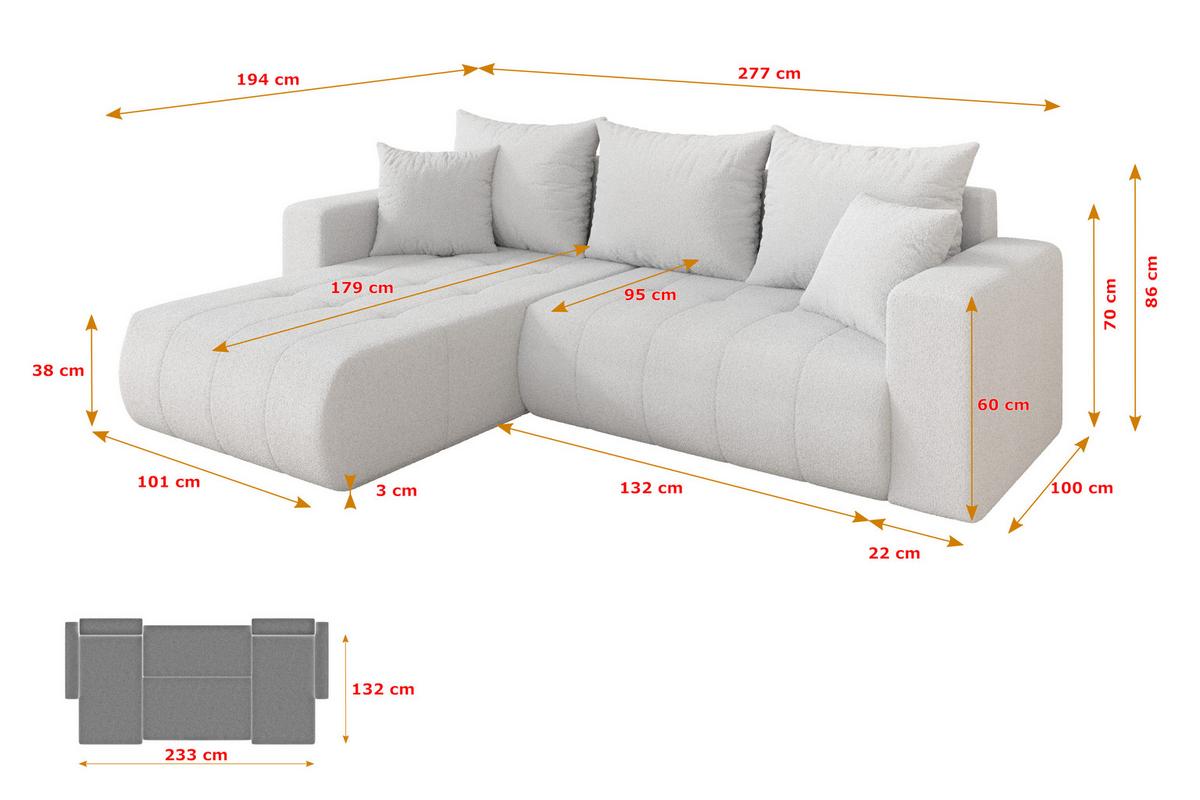 ECKSOFA mit Schlaffunktion Ottomane Links MILA-L 277x194x86 Weiß Bouclé - Schwarz/Weiß, Holzwerkstoff/Kunststoff (277/194cm) - ALTDECOR
