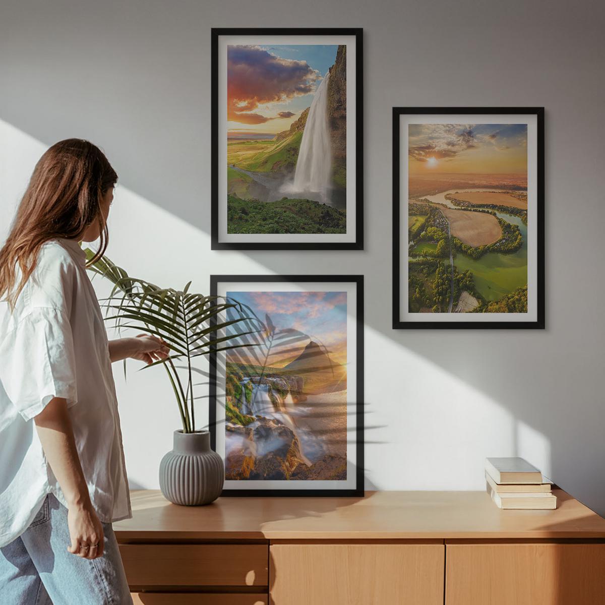 BILDER SET 3er Set - 40x60 cm Schwarzer Rahmen - Wasserfälle Landschaften im Westen - Schwarz, Kunststoff (40/60cm) - TULUP