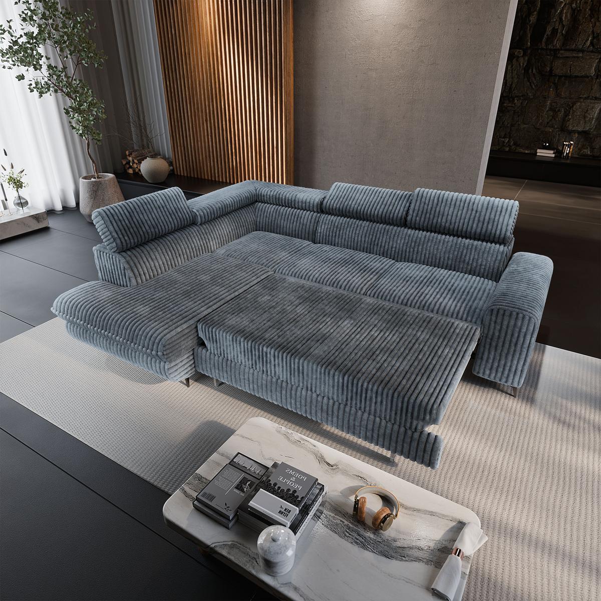 ECKSOFA VELISS Grau Kordstoff mit Schlaffunktion - Grau, Holz (255/193cm) - MASSENO