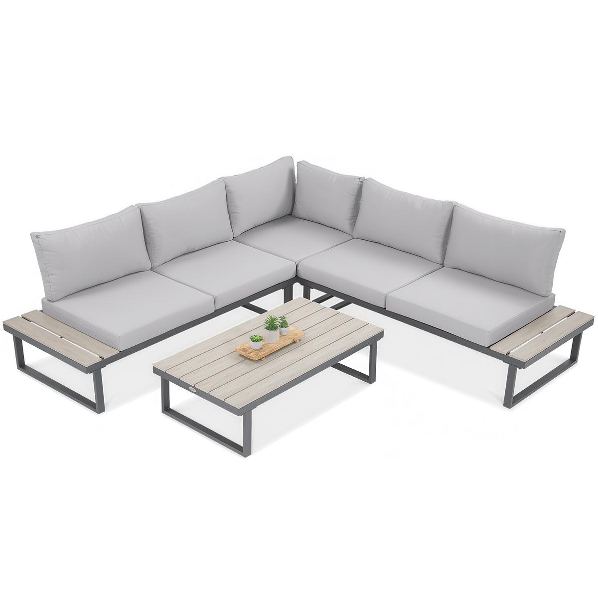 GARTENSET Madison mit Ecksofa und Kaffeetisch, Modulares Set, Metallbeine, Hellgrau - Hellgrau, Metall - Beautysofa