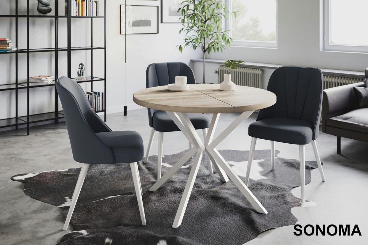 RUNDER Esszimmertisch LOFT LITEN, ausziehbarer Tisch Durchmesser: 100 cm/180 cm, Wohnzimmertisch Farbe: Beige, mit Metallbeinen in Farbe Weiß - Weiß/Sonoma Eiche, Holzwerkstoff (100/100/76cm) - Alpi-Möbel