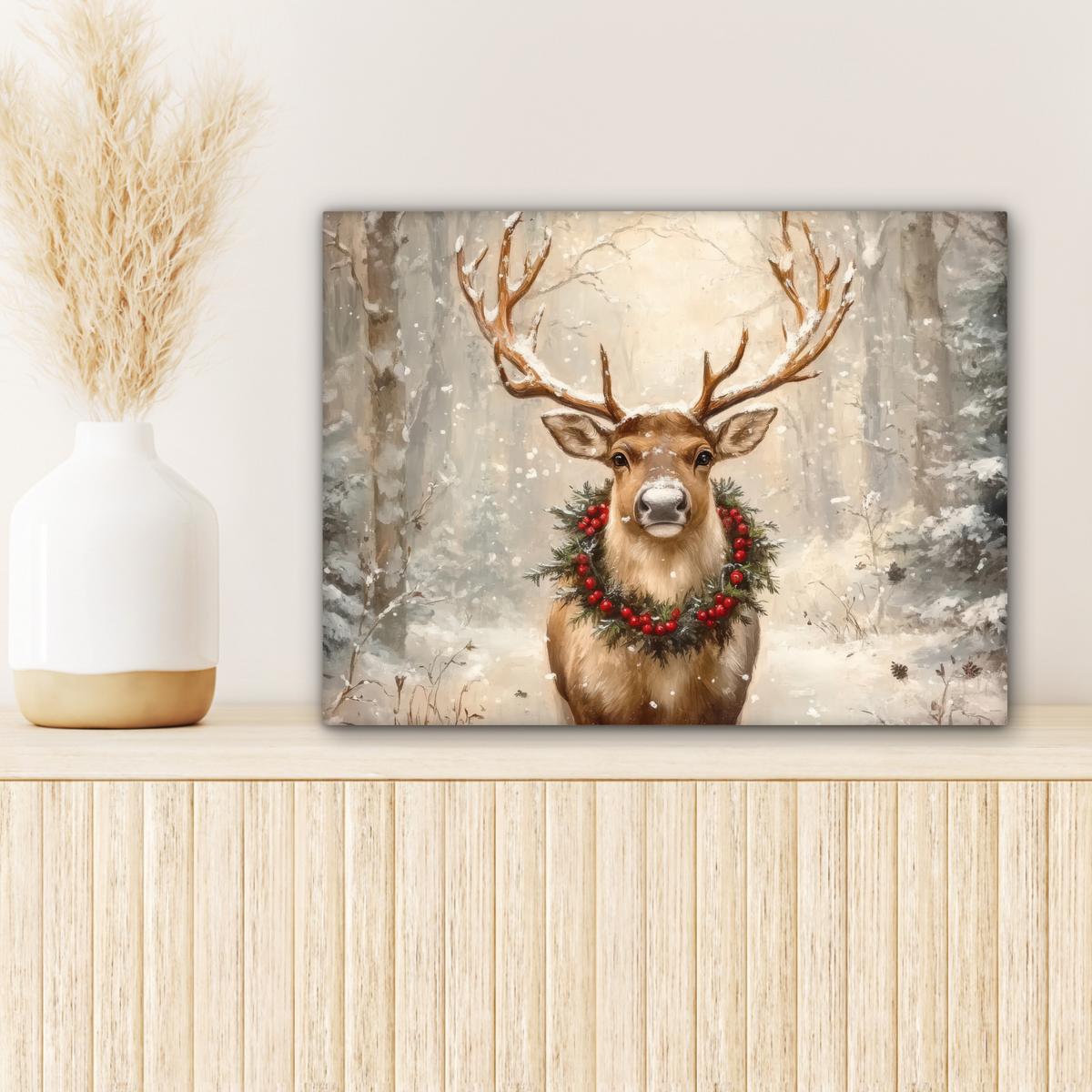 LEINWANDBILD Weihnachten - Rentier - Winter - Kranz Wandbild 40x30 cm - Naturfarben, Textil (40/30cm) - MuchoWow