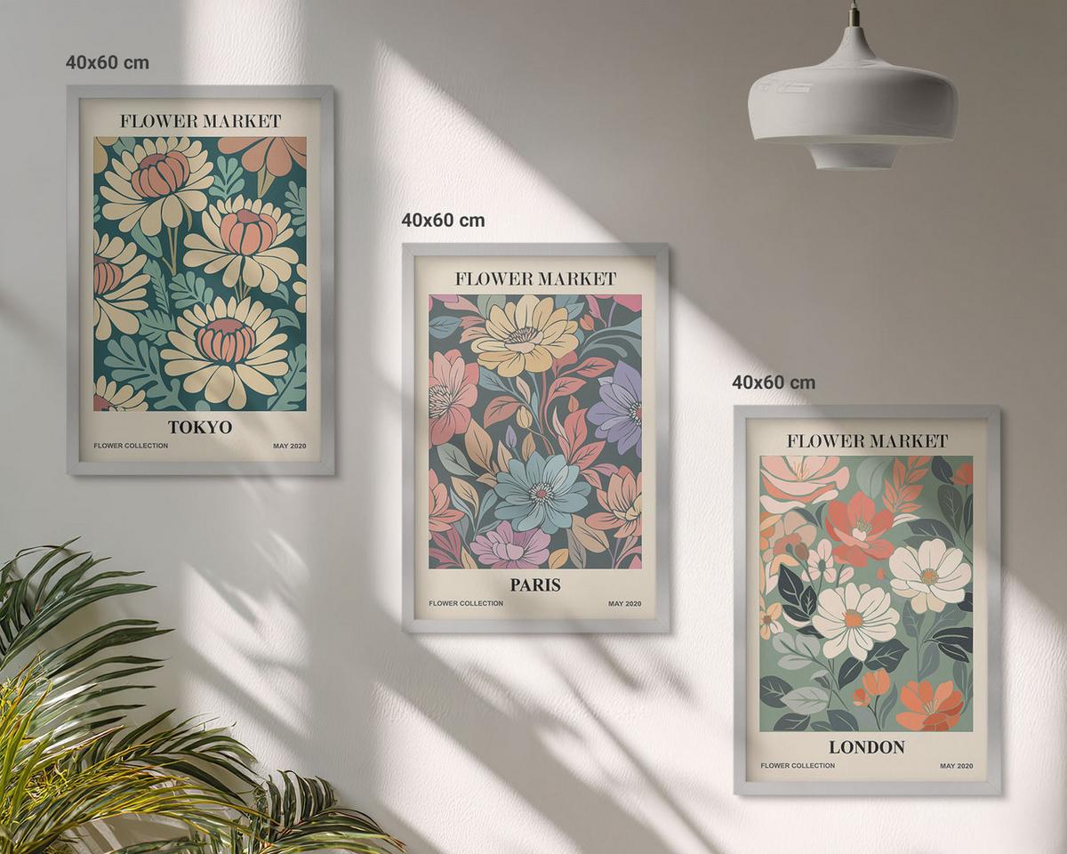 BILDER SET 3er Set - 40x60 cm Silberner Rahmen - Blumenposter Tokio Paris London - Silberfarben, Kunststoff (40/60cm) - TULUP