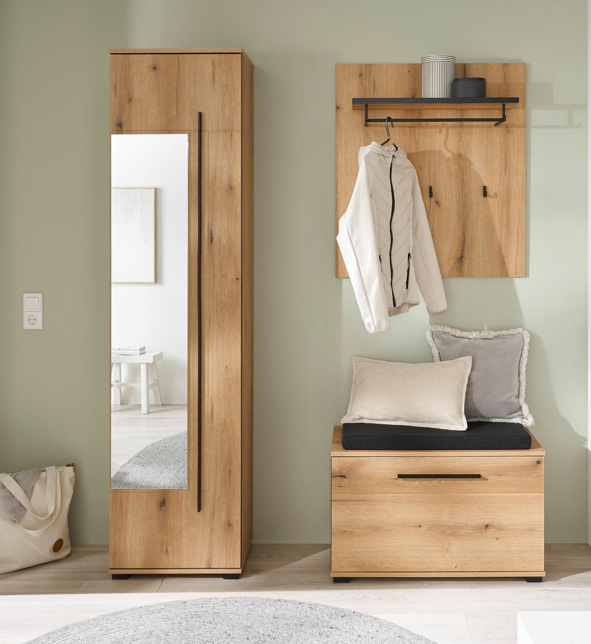 GARDEROBEN-SET Evoke Eiche 4-teilig 140 cm, Flurgarderobe mit Spiegel - Dunkelgrau/Eichefarben, Glas/Holzwerkstoff (140/200/40cm) - Furn.Design
