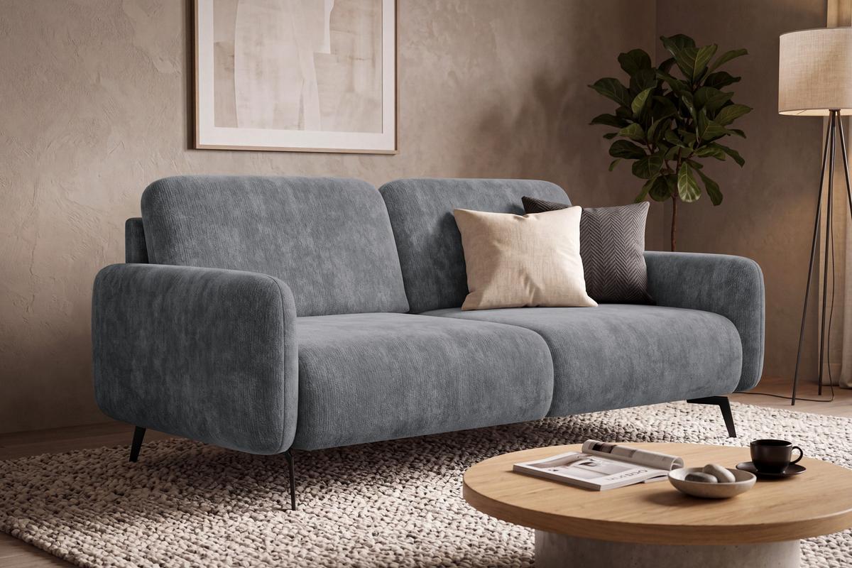 SOFA FEBE 3-Sitzer, grauer Chenille-Stoff - Schwarz/Grau, Holz/Textil (190/82/96cm) - Wozimo