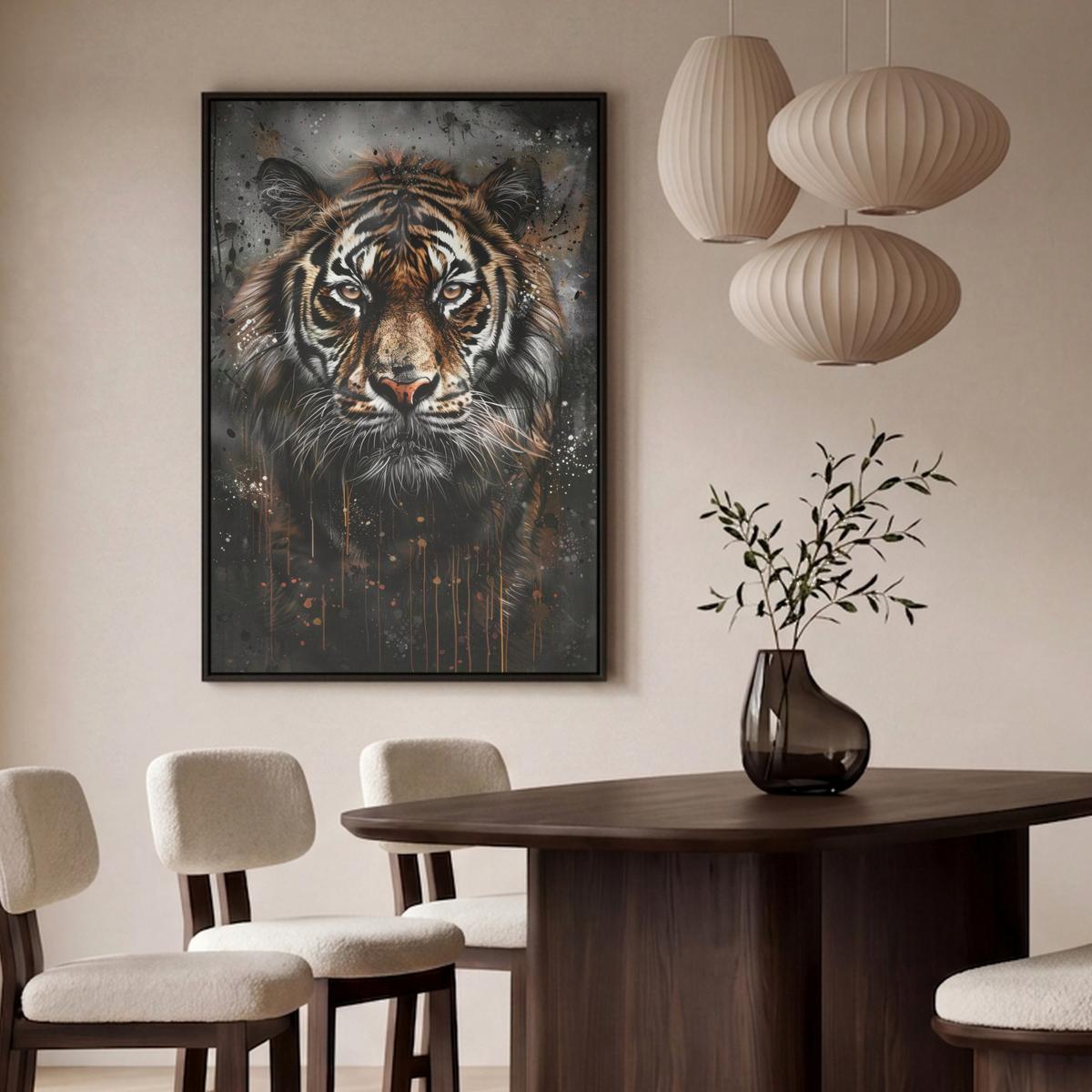 LEINWAND Bilder mit Rahmen - Tiger - Tiere - Porträt - Luxus - Schwarz - 100x150 - Braun, Textil (100/150cm) - MuchoWow