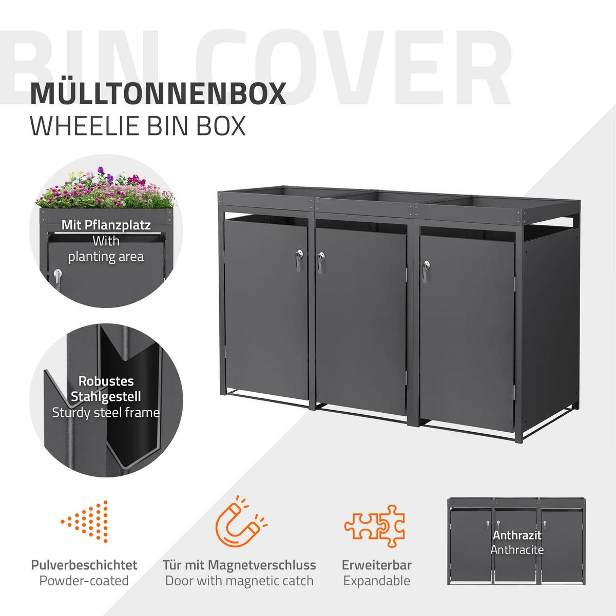 MÜLLTONNENBOX 3er mit Pflanzdach Anthrazit - Anthrazit, Metall (200/124/80cm) - ML-DESIGN