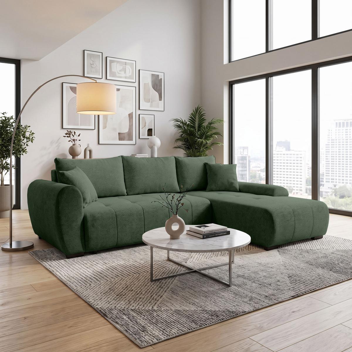 ECKSCHLAFSOFA Dallas mit Bettkasten, 255 cm, Flaschengrün, rechts, Velour-Stoff - Grün, Textil (255/175cm) - Beautysofa
